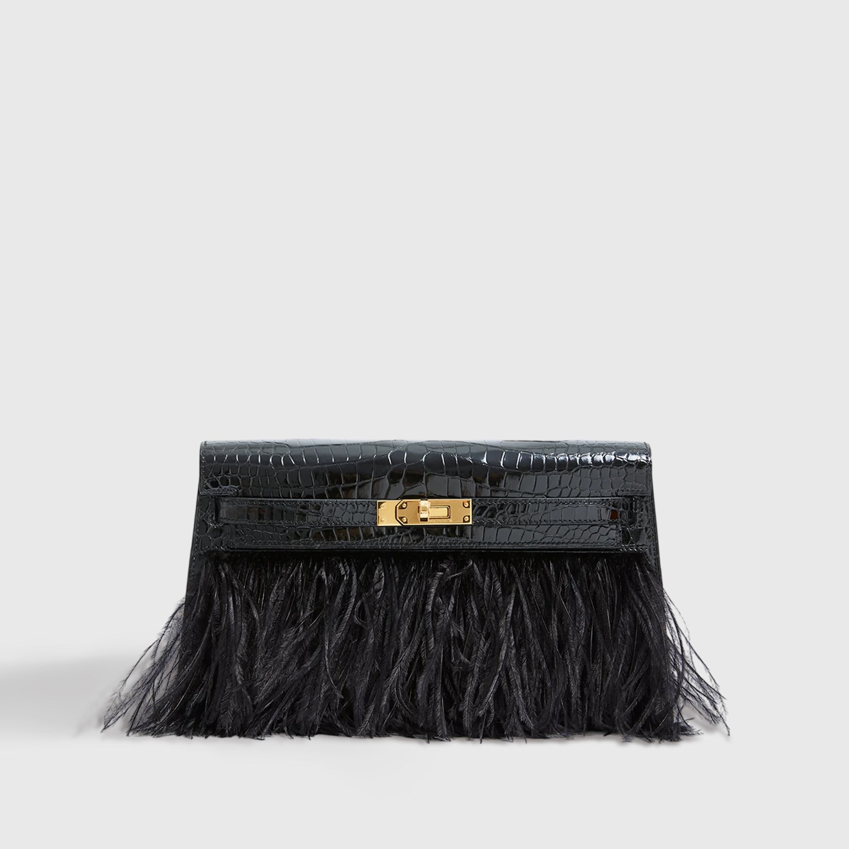 Hermès Kelly Elan Folie Croc Black Ostrich Feather Gold Hardware