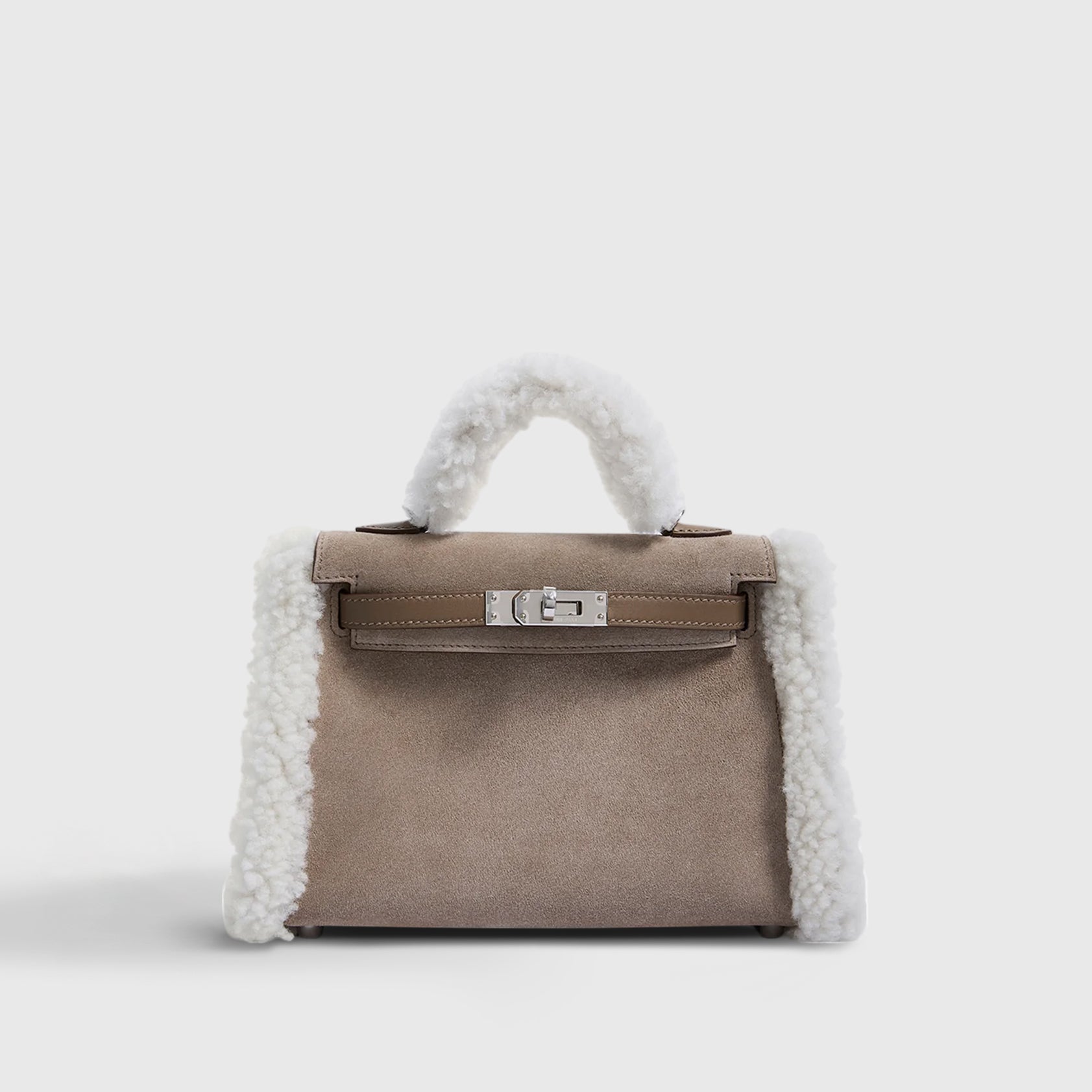 Hermès Kelly Teddy Mini Shearling, Swift, Suede Gris Caillou / Ecru / Etoupe Grizzly Palladium Hardware