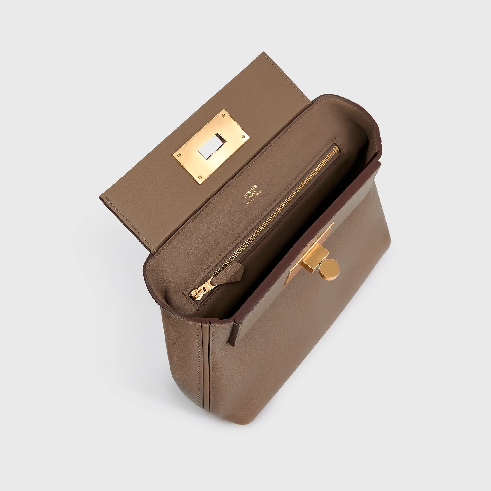 Hermès 24/24 Mini Evercolor, Swift Etoupe Gold Hardware