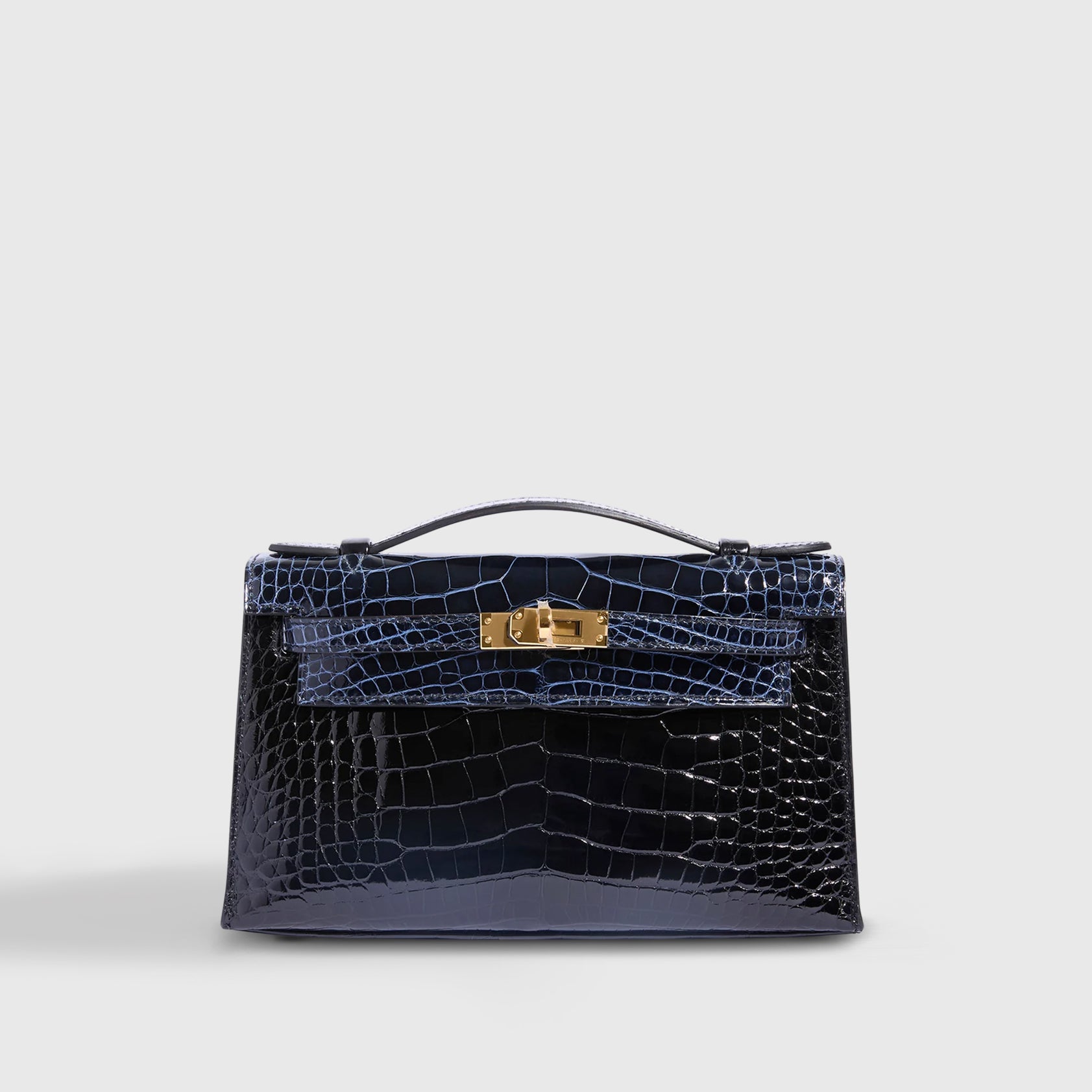 Hermès Kelly Pochette Mini Alligator Black/Blue Marine Gold Hardware Shiny