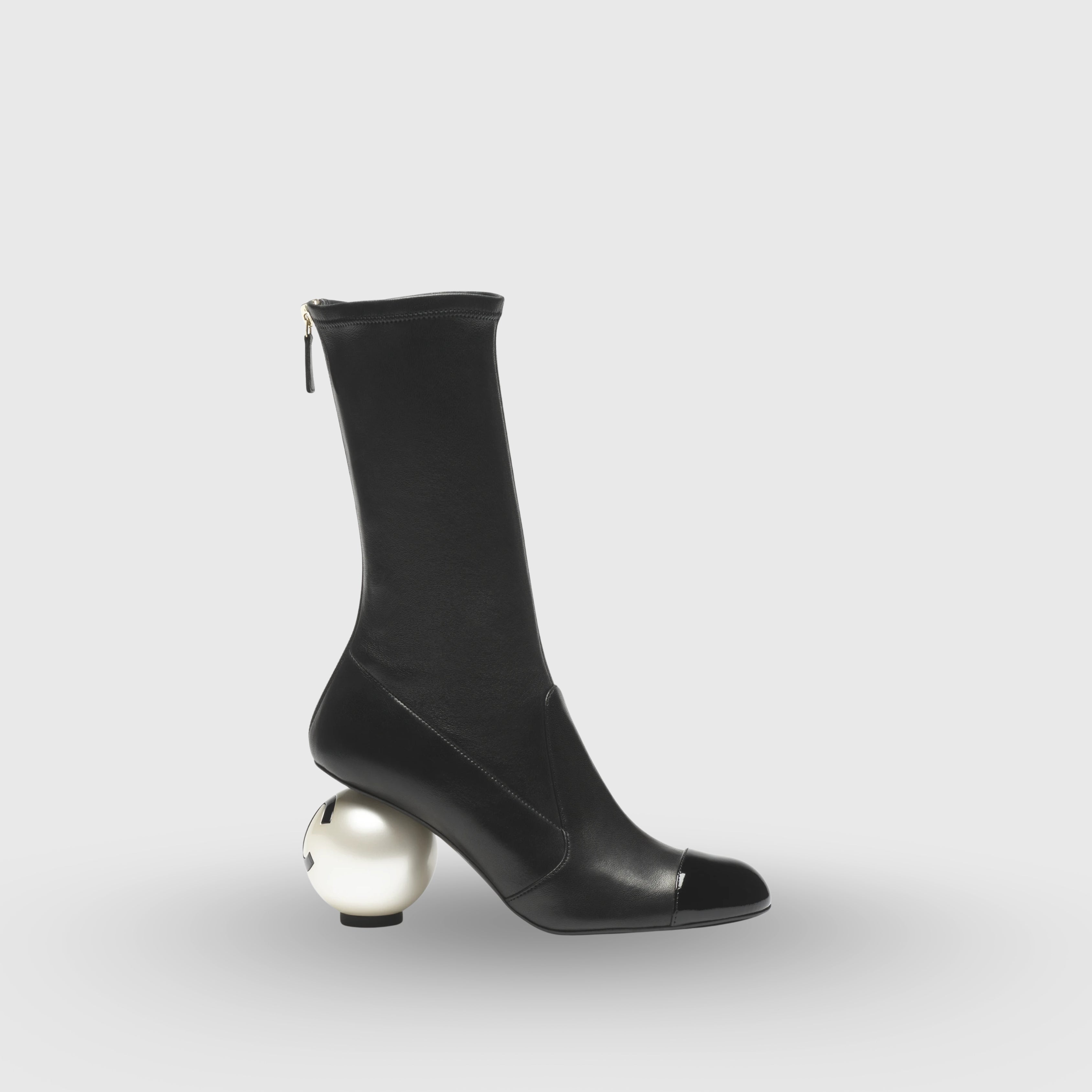 Chanel Pearl-Heel Midi Boots Lambskin, Patent Black