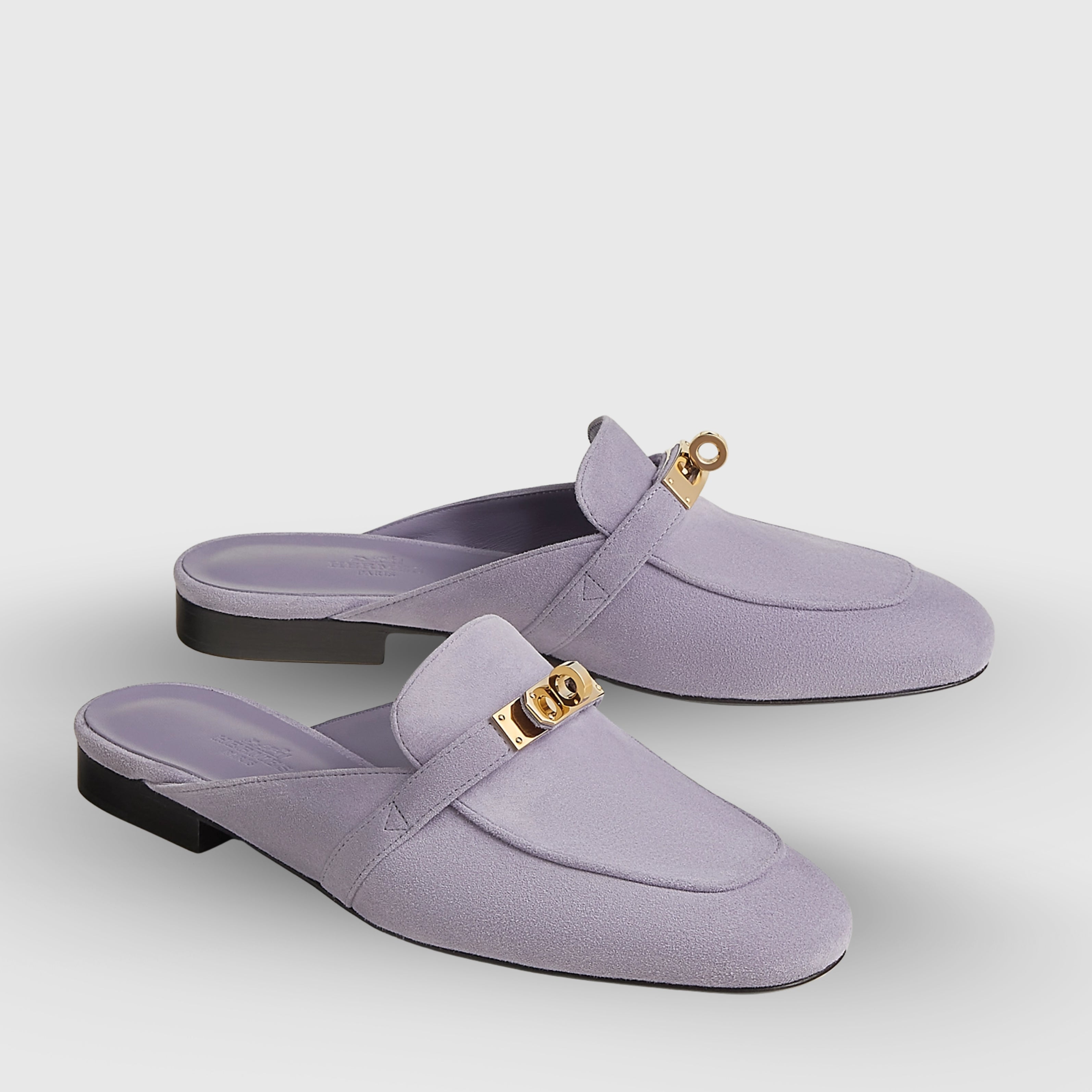 Hermès OZ Mules Suede Violet Glycine Gold Hardware