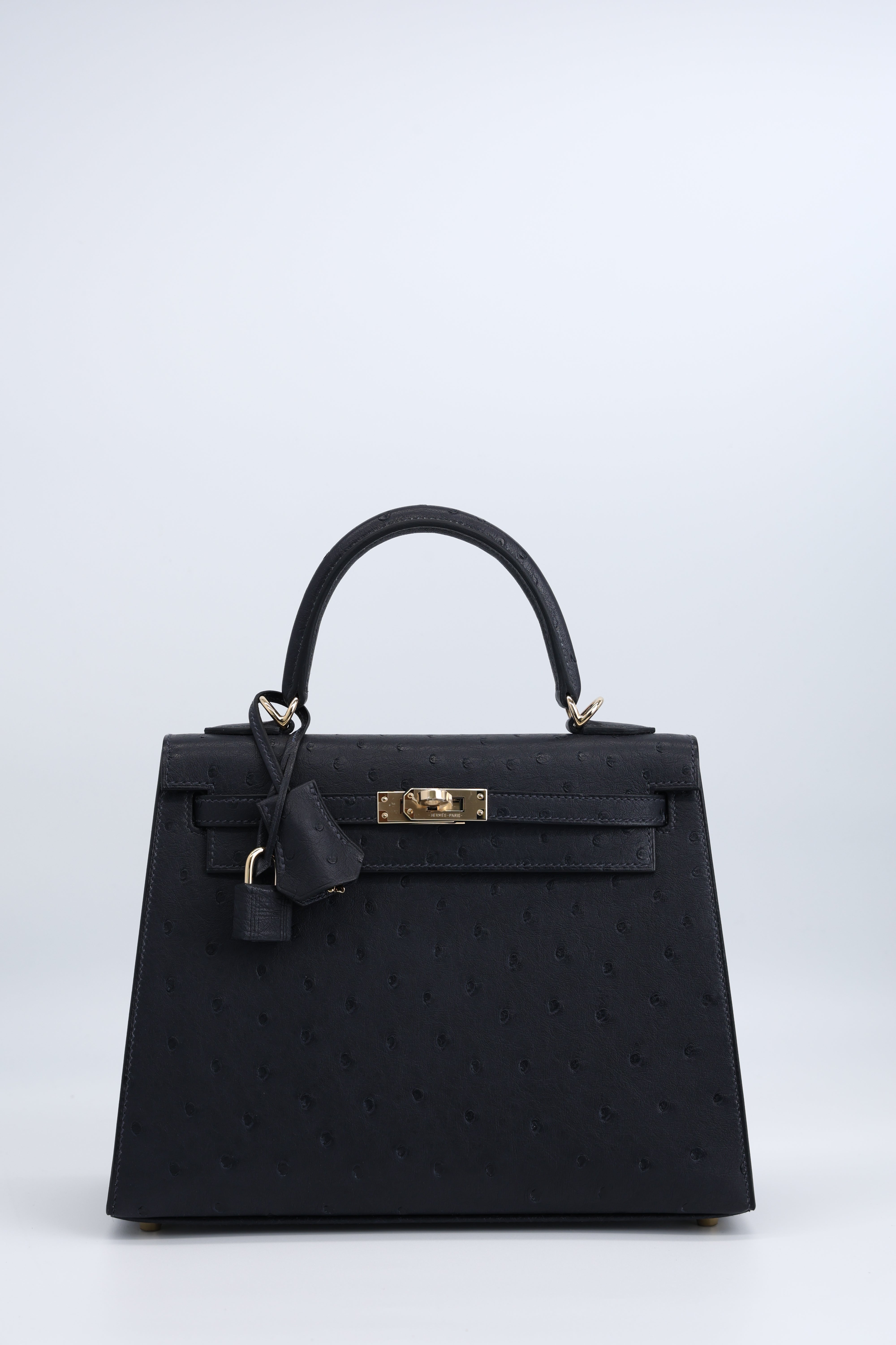 **Hermès Kelly 25 Ostrich Caban Permabrass Hardware