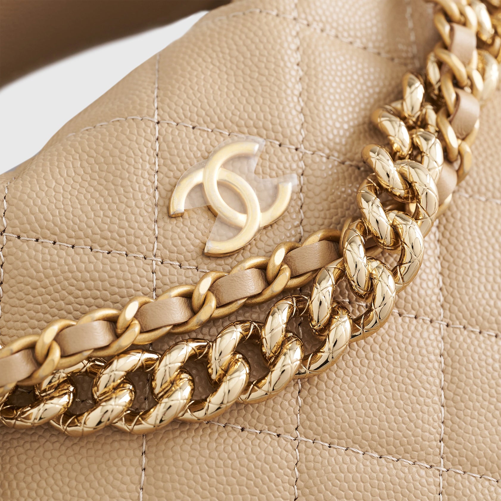 Chanel Quilted Circle Pouch Bag Beige w/ Chain Gold Hardware - eliteUSA