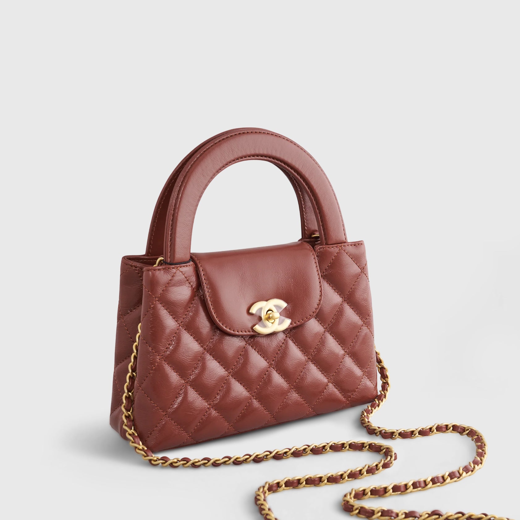 Chanel Shopping Bag Mini Shiny Calfskin Brown Gold Hardware - eliteUSA