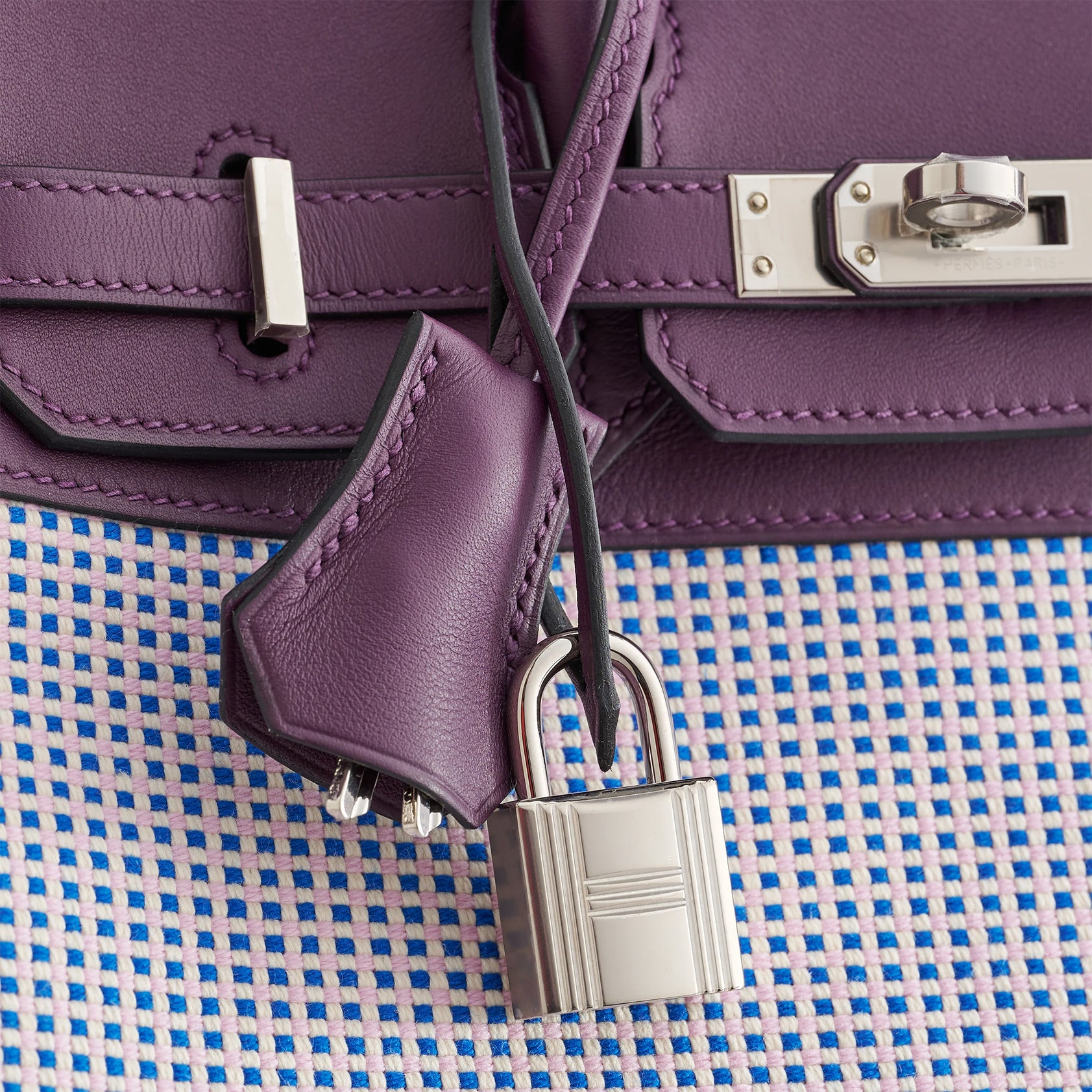 Hermès Birkin 25 Swift, Toila Ecru/Mauve/Blue Bill/Cassis Quadrille Palladium Hardware