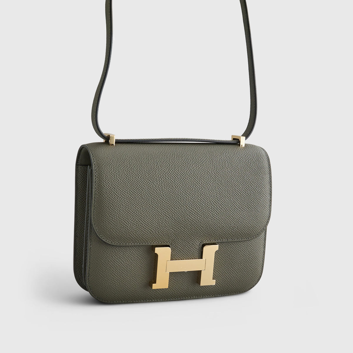 Ceinture Hermès Constance Réversible Gris Olive/marron - Boucle Argent Brossé, Taille 90 Cm