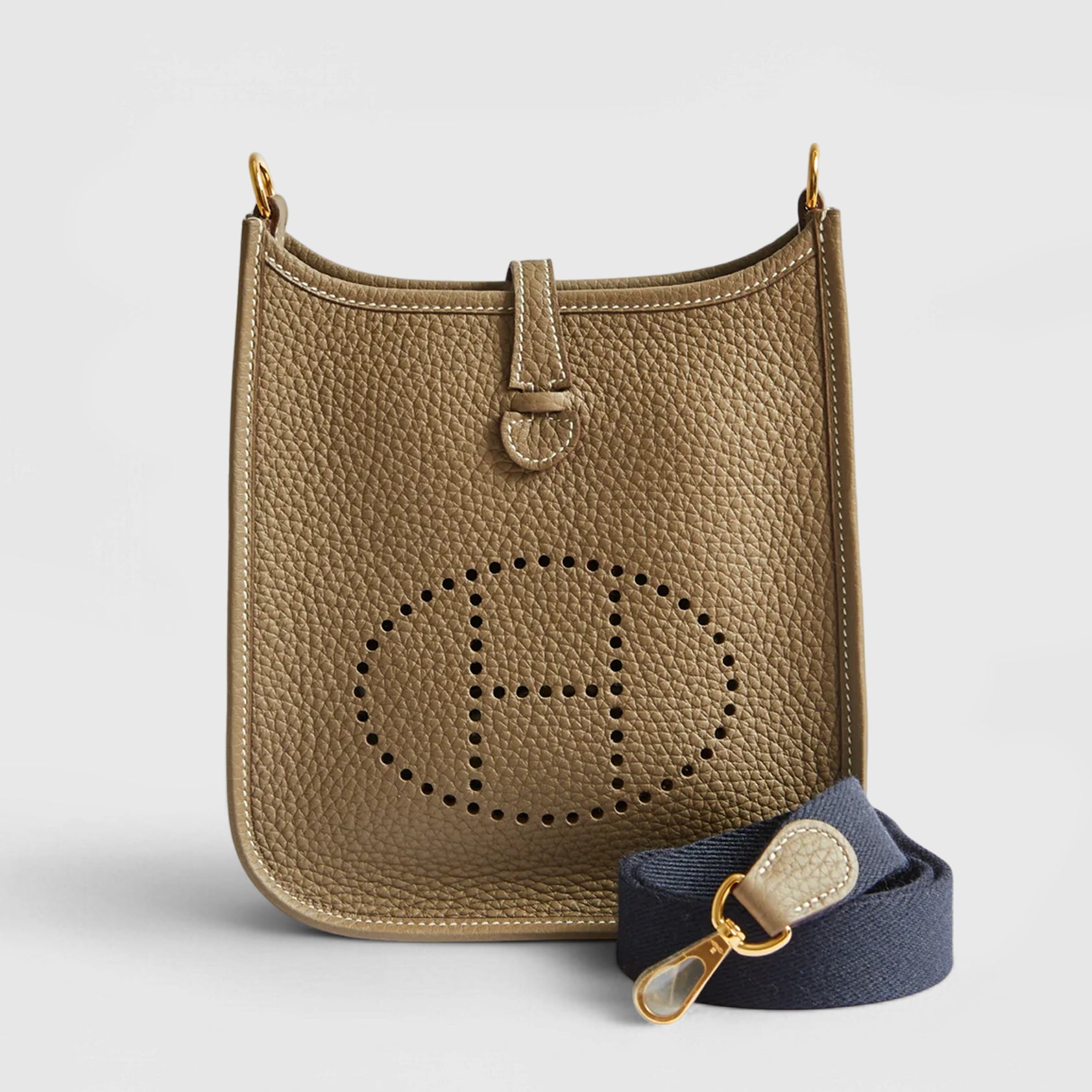 Hermès Evelyne Mini Clemence Etoupe Blue Indigo Strap Gold Hardware