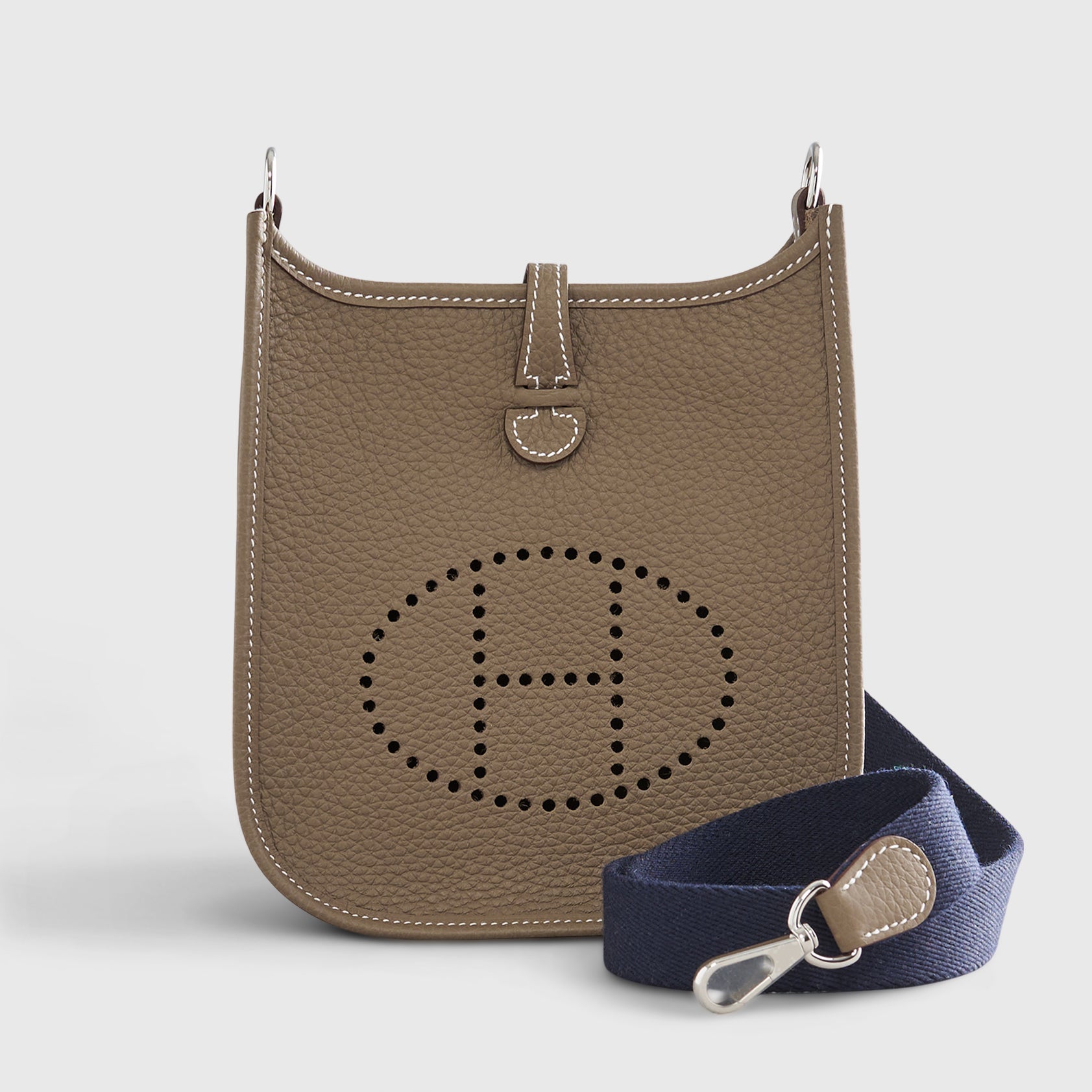 Hermès Evelyne Mini Clemence Etoupe Blue Indigo Strap Palladium Hardware