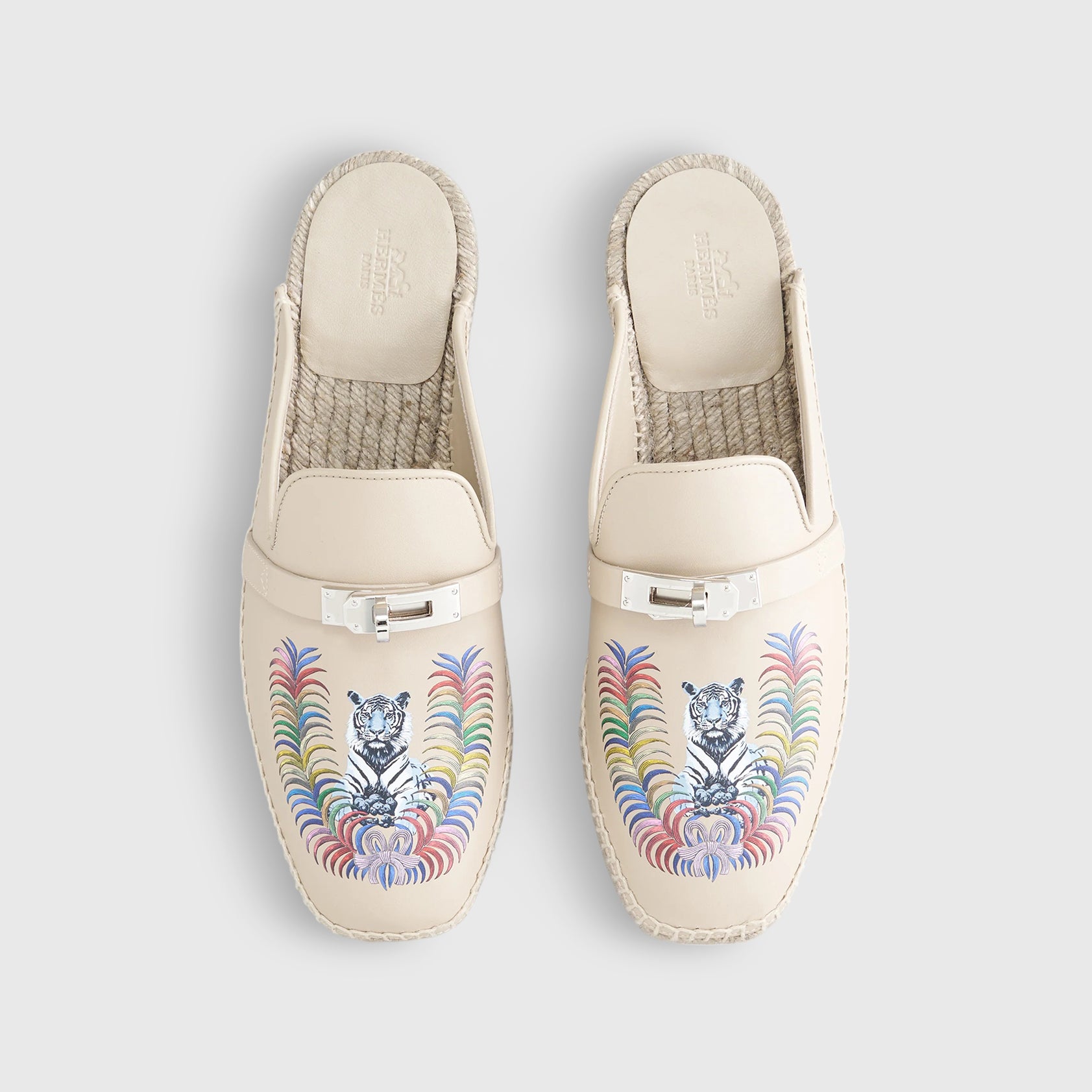 Hermès Feria Espadrille Gum White / Multicolor Royal Tiger Print Palladium Hardware
