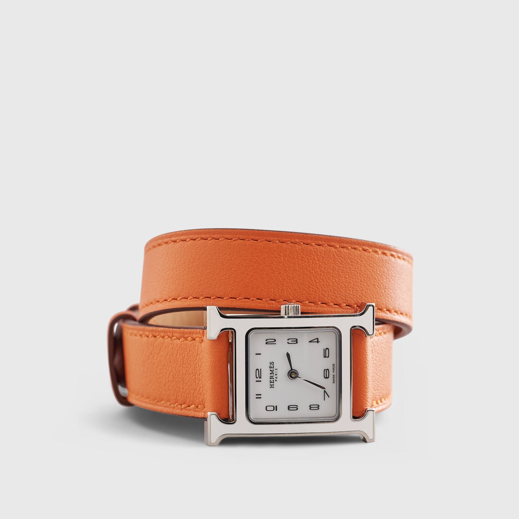 Hermès Heure H Double Tour Watch 25mm Orange White Dial Palladium Hardware - eliteUSA