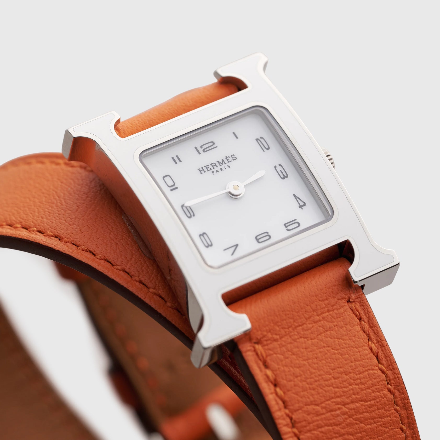 Hermès Heure H Double Tour Watch 25mm Orange White Dial Palladium Hardware - eliteUSA