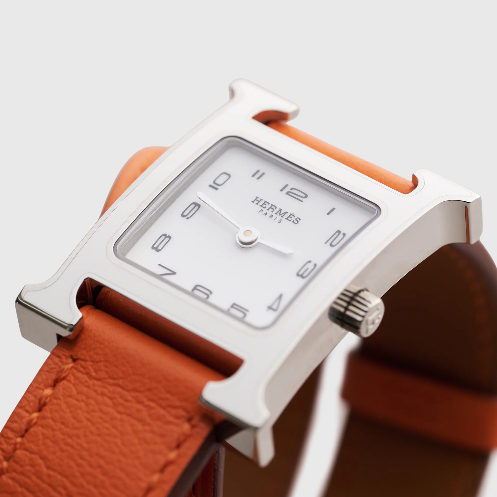 Hermès Heure H Double Tour Watch 25mm Orange White Dial Palladium Hardware - eliteUSA