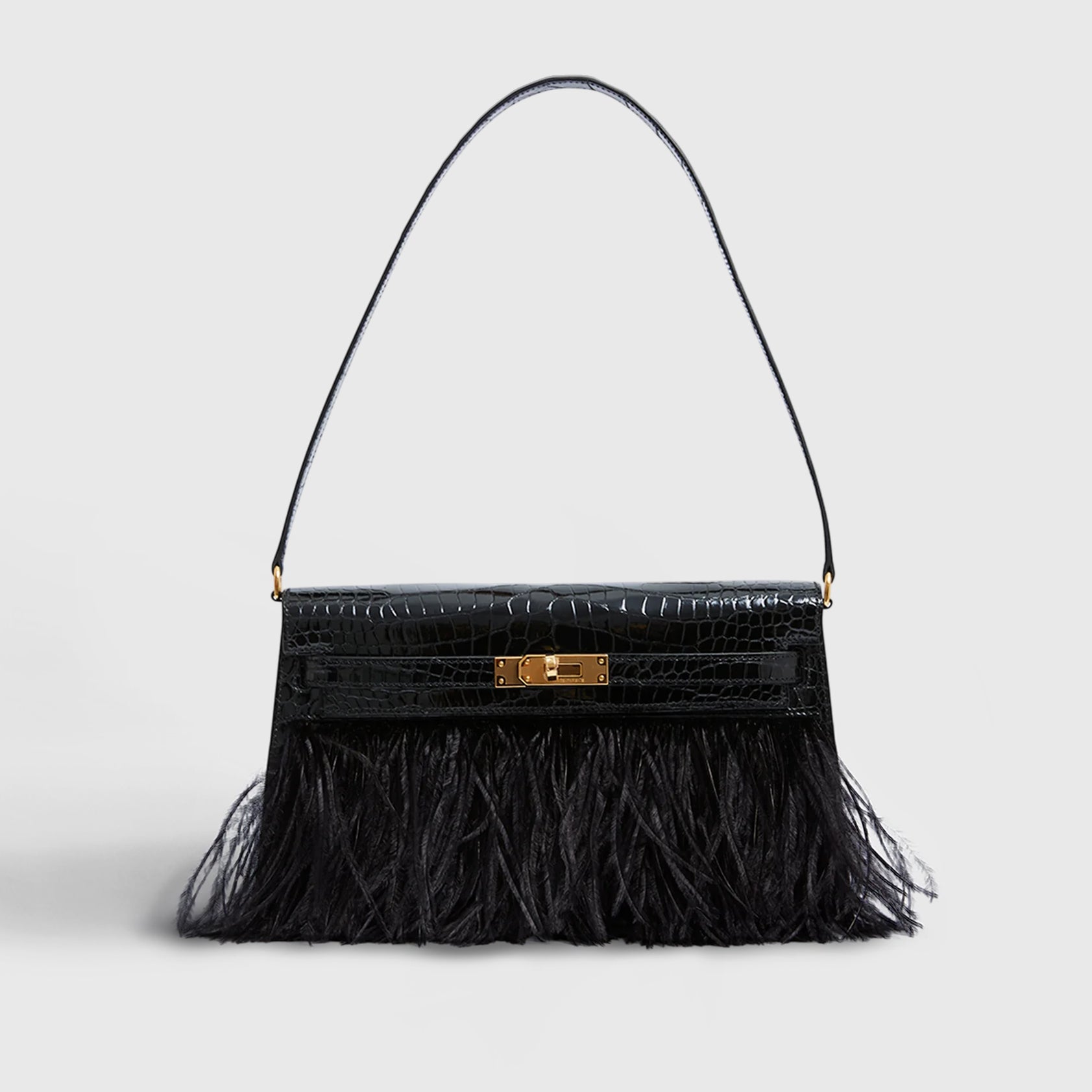 Hermès Kelly Elan Folie Croc Black Ostrich Feather Gold Hardware
