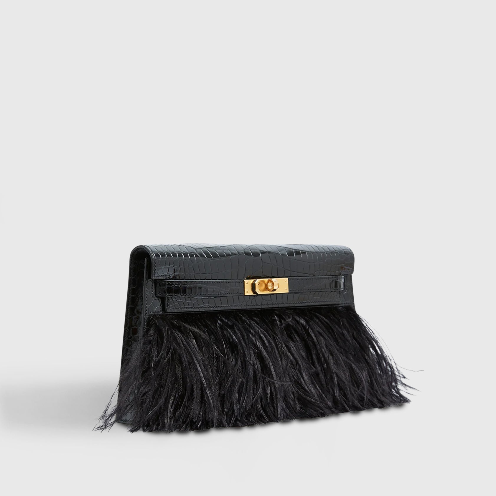 Hermès Kelly Elan Folie Croc Black Ostrich Feather Gold Hardware