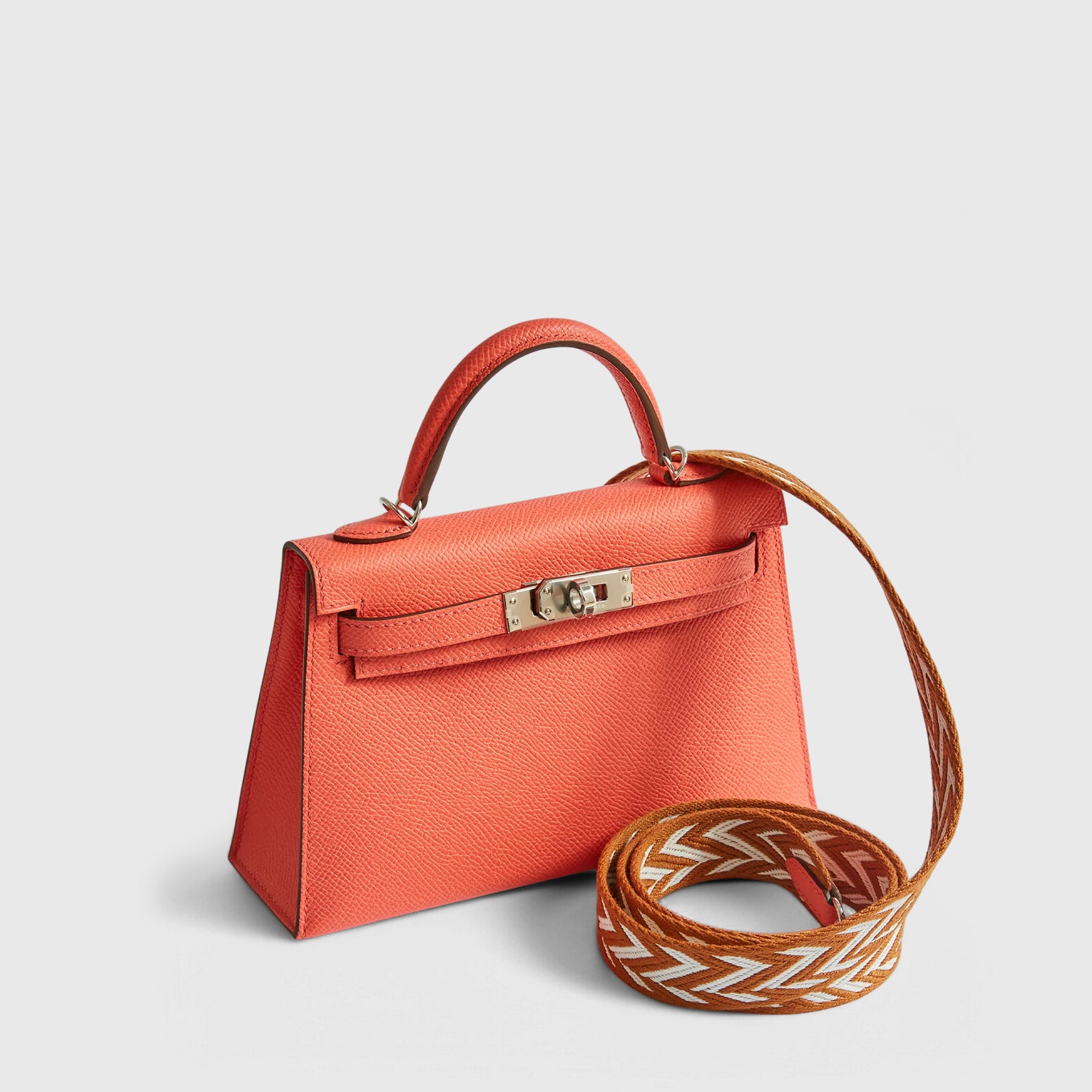 Hermès Kelly Mini Epsom Rose Texas Palladium Hardware with Gold/White Strap