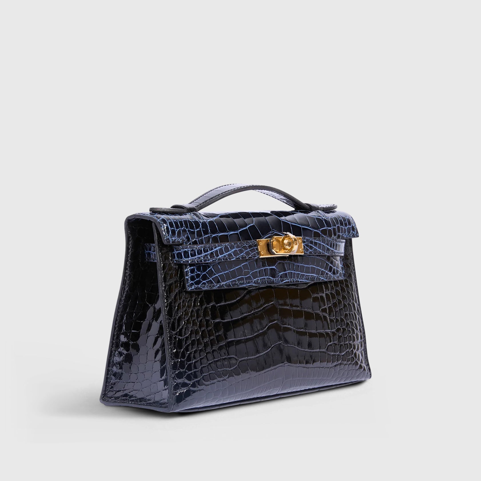 Hermès Kelly Pochette Mini Alligator Black/Blue Marine Gold Hardware Shiny