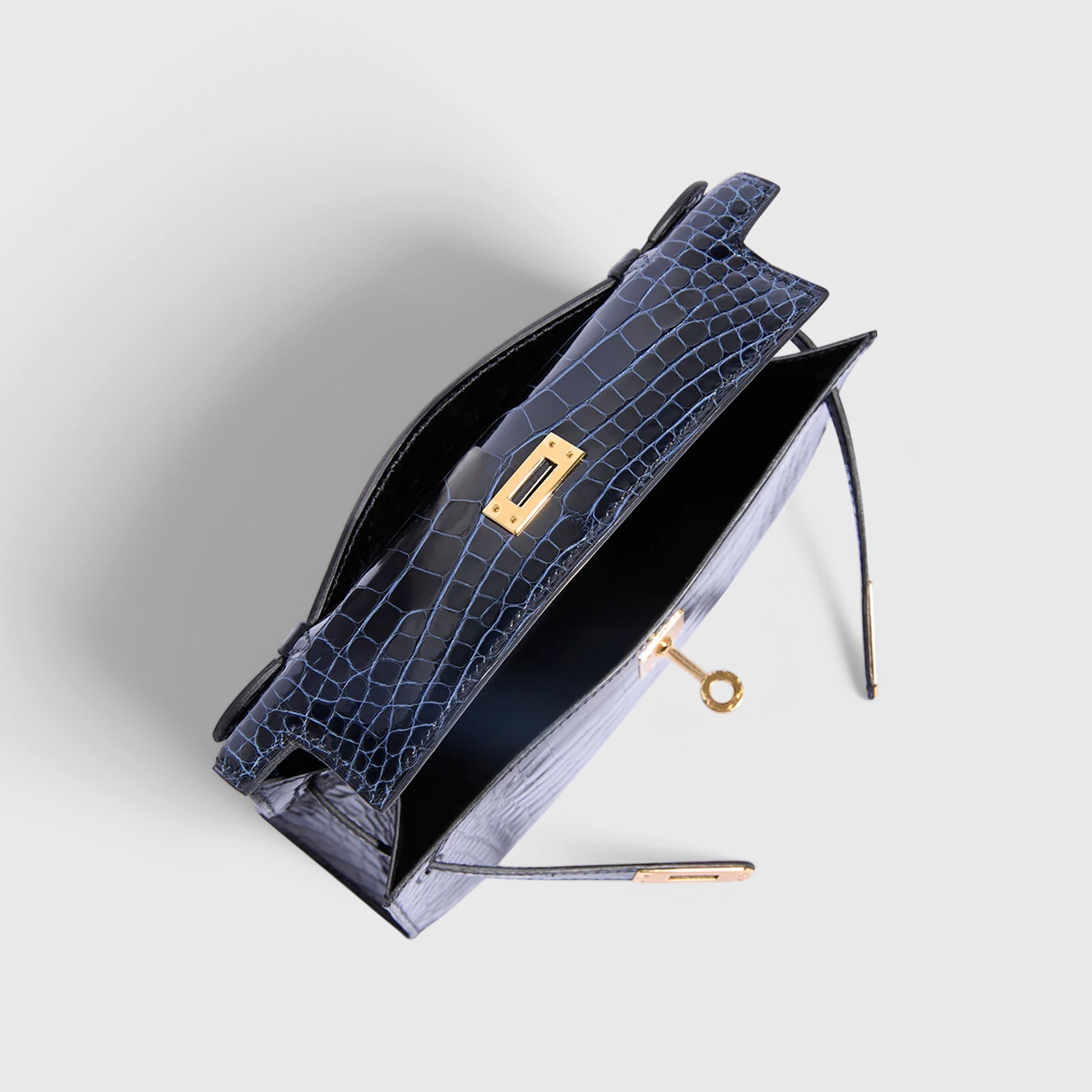 Hermès Kelly Pochette Mini Alligator Black/Blue Marine Gold Hardware Shiny