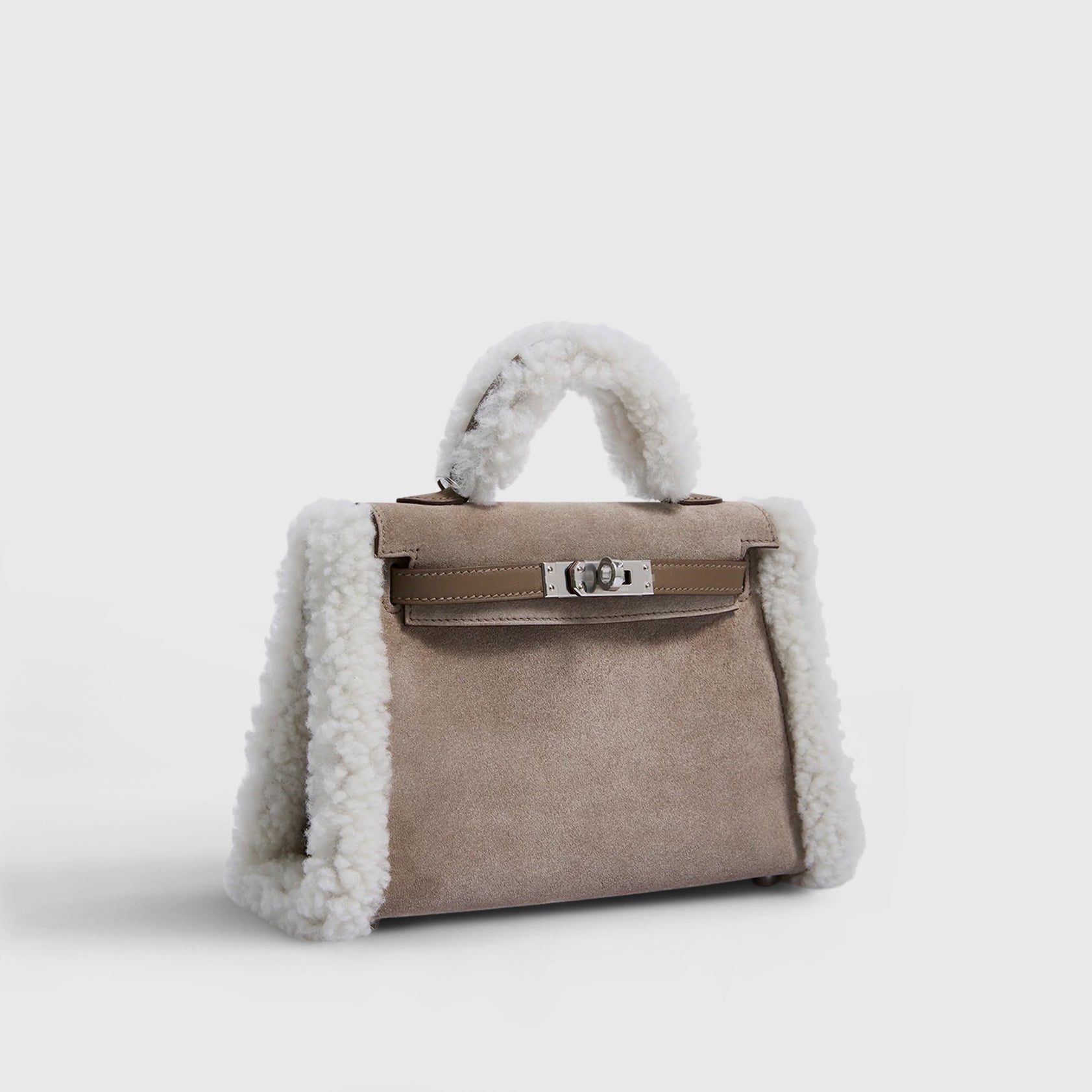 Hermès Kelly Teddy Mini Shearling, Swift, Suede Gris Caillou / Ecru / Etoupe Grizzly Palladium Hardware
