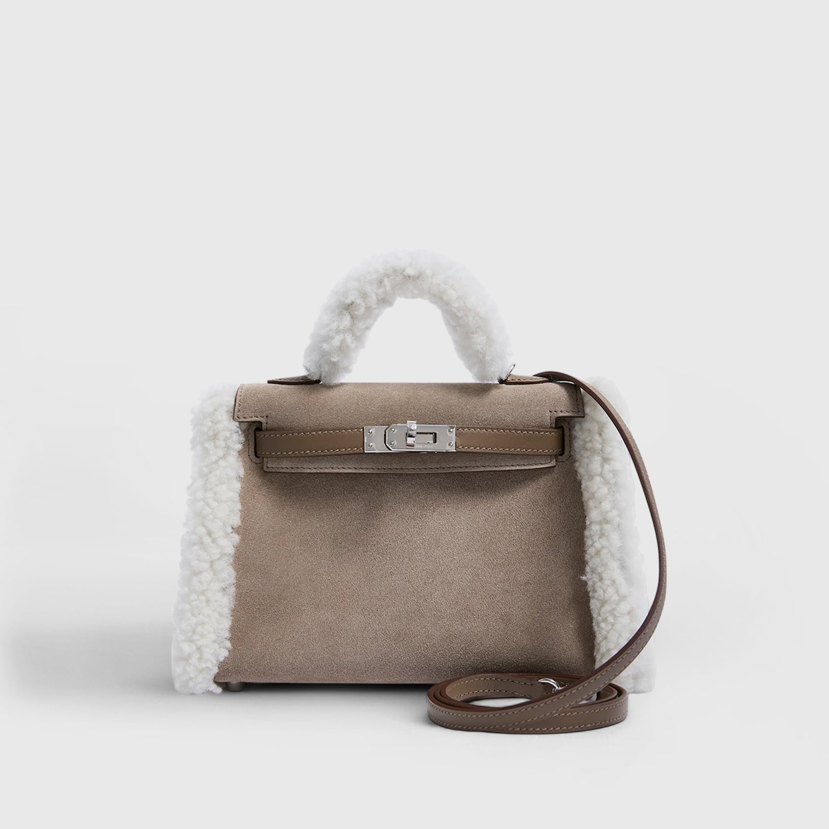 Hermès Kelly Teddy Mini Shearling, Swift, Suede Gris Caillou / Ecru / Etoupe Grizzly Palladium Hardware