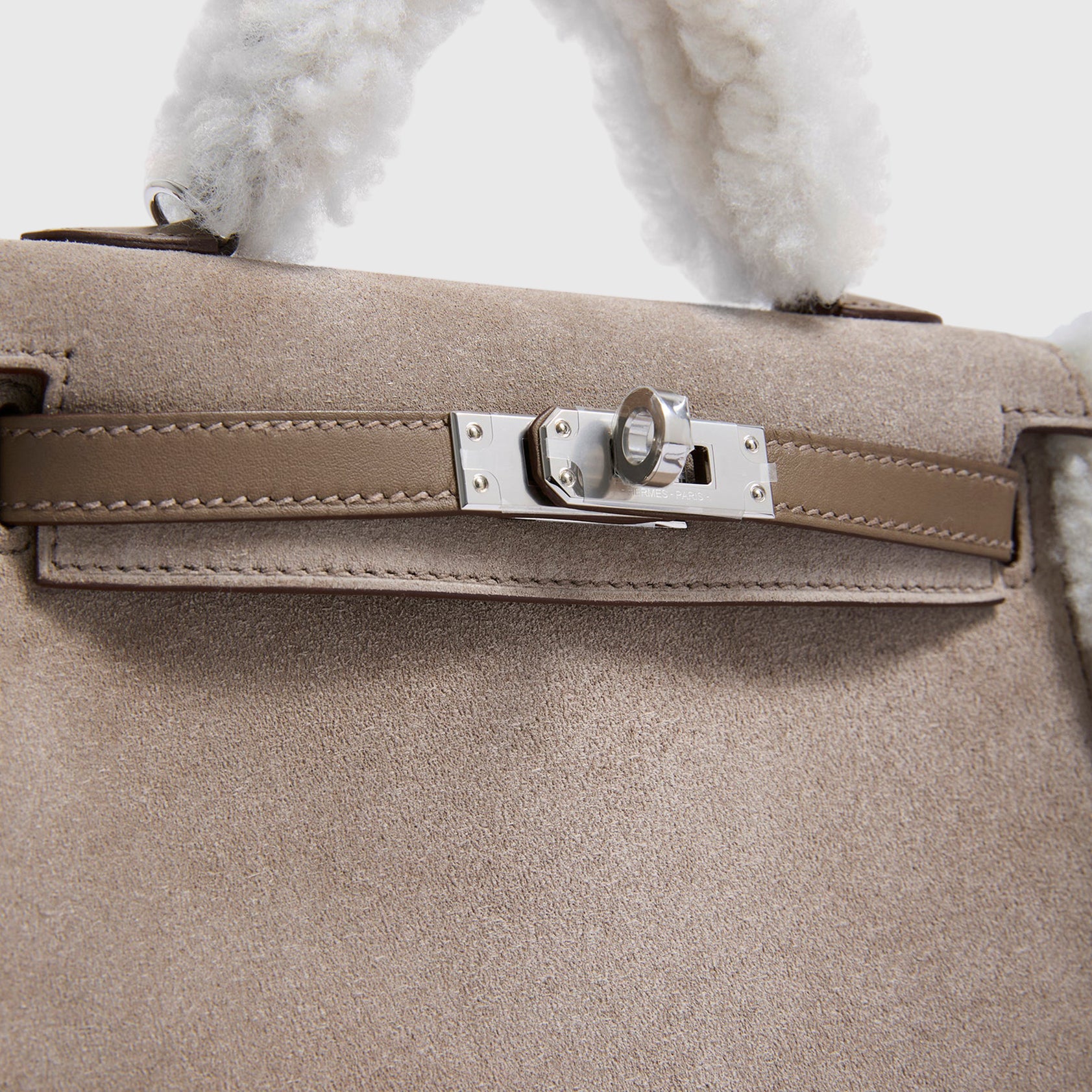 Hermès Kelly Teddy Mini Shearling, Swift, Suede Gris Caillou / Ecru / Etoupe Grizzly Palladium Hardware