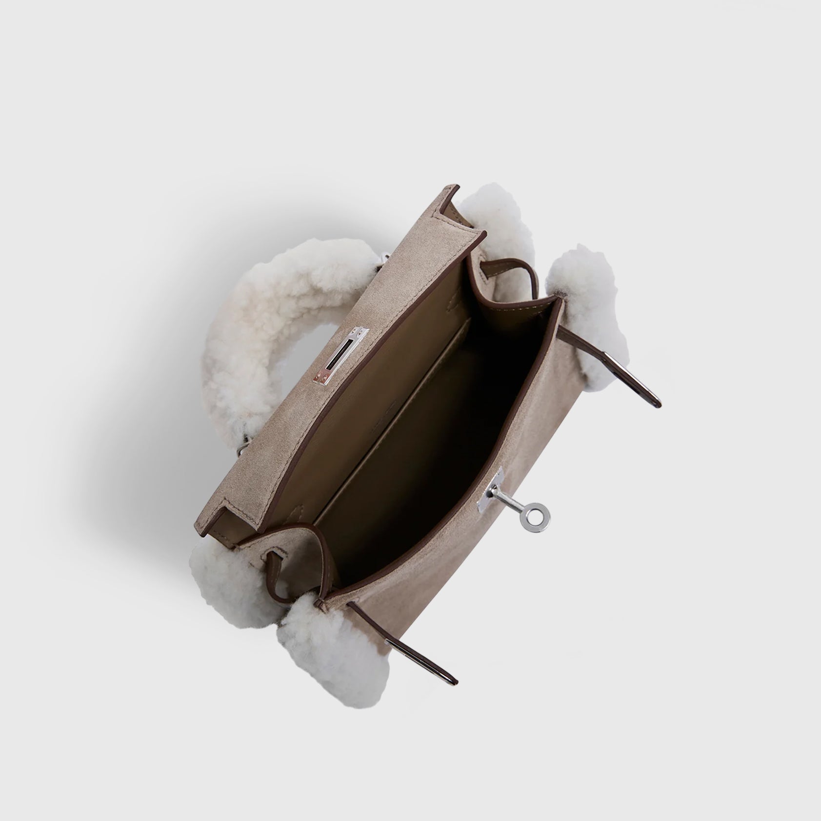 Hermès Kelly Teddy Mini Shearling, Swift, Suede Gris Caillou / Ecru / Etoupe Grizzly Palladium Hardware