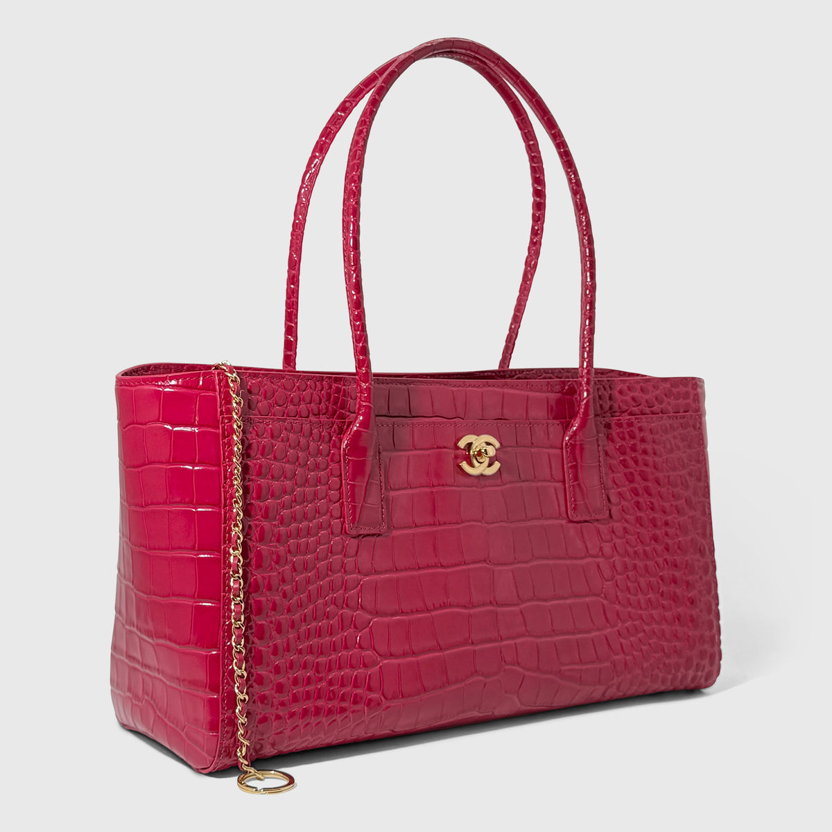 Chanel Tote Crocodile Embossed Small Calfskin Fuchsia Gold Tone Hardware
