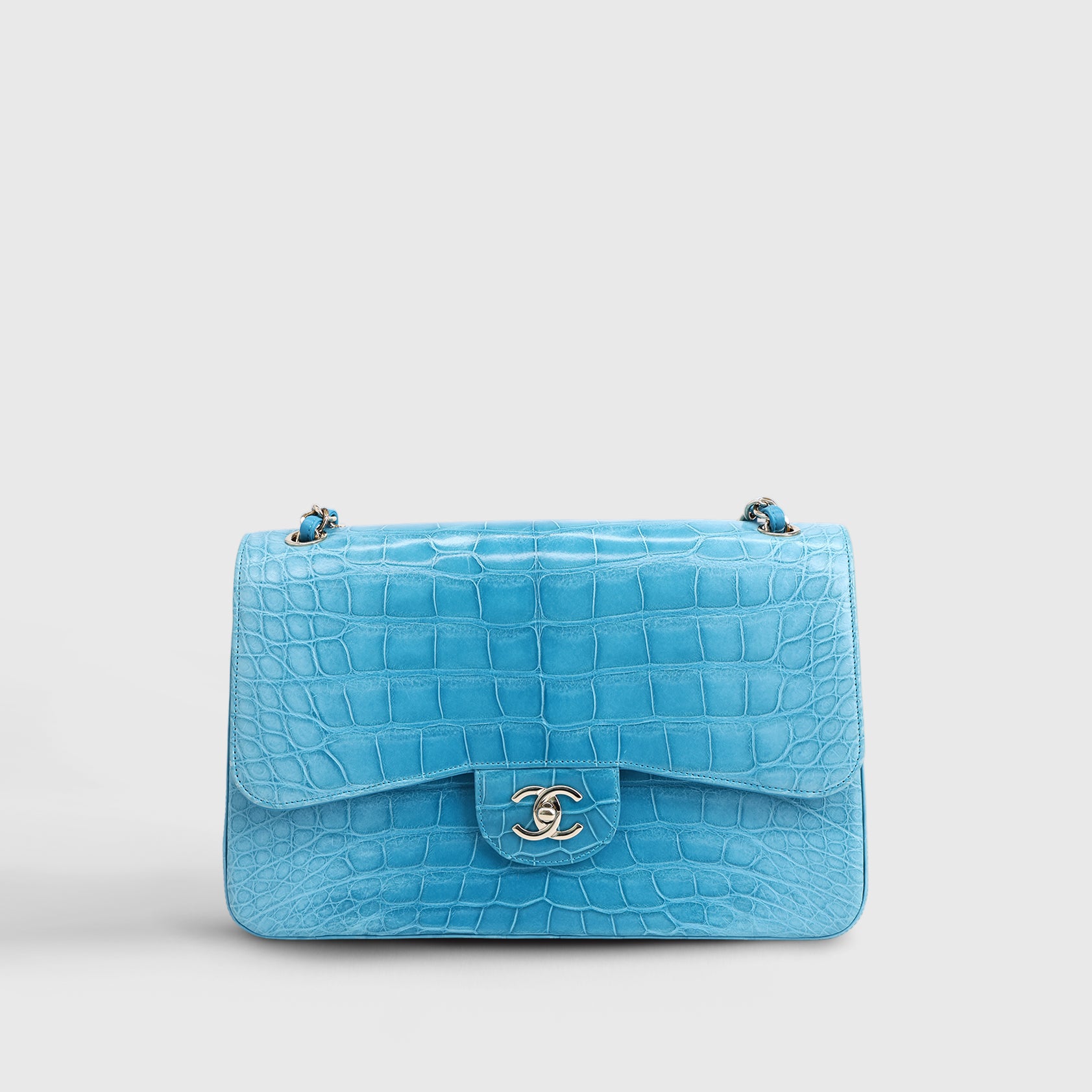 Chanel Classic Double Flapbag Jumbo Alligator Blue Gold Hardware Matte