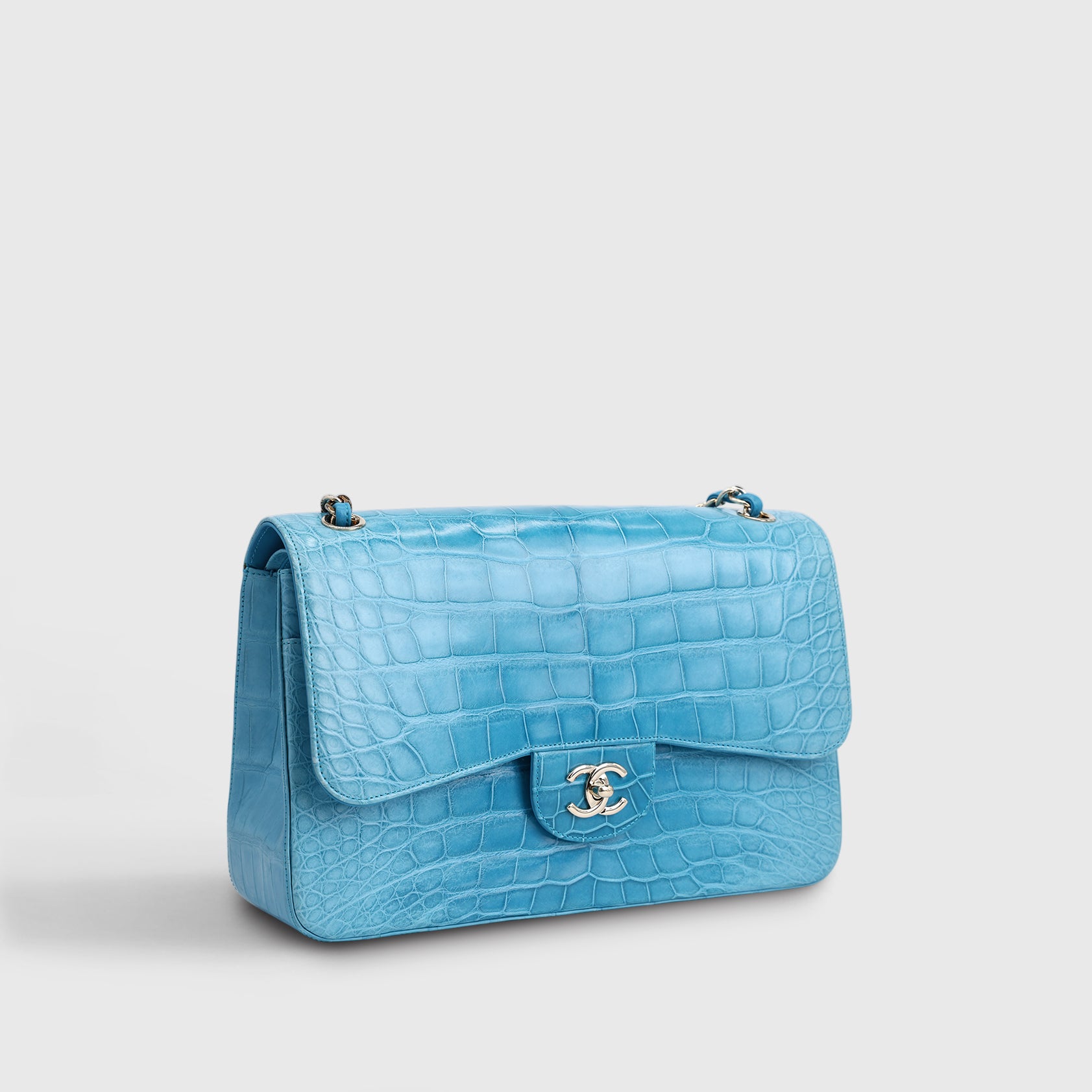 Chanel Classic Double Flapbag Jumbo Alligator Blue Gold Hardware Matte
