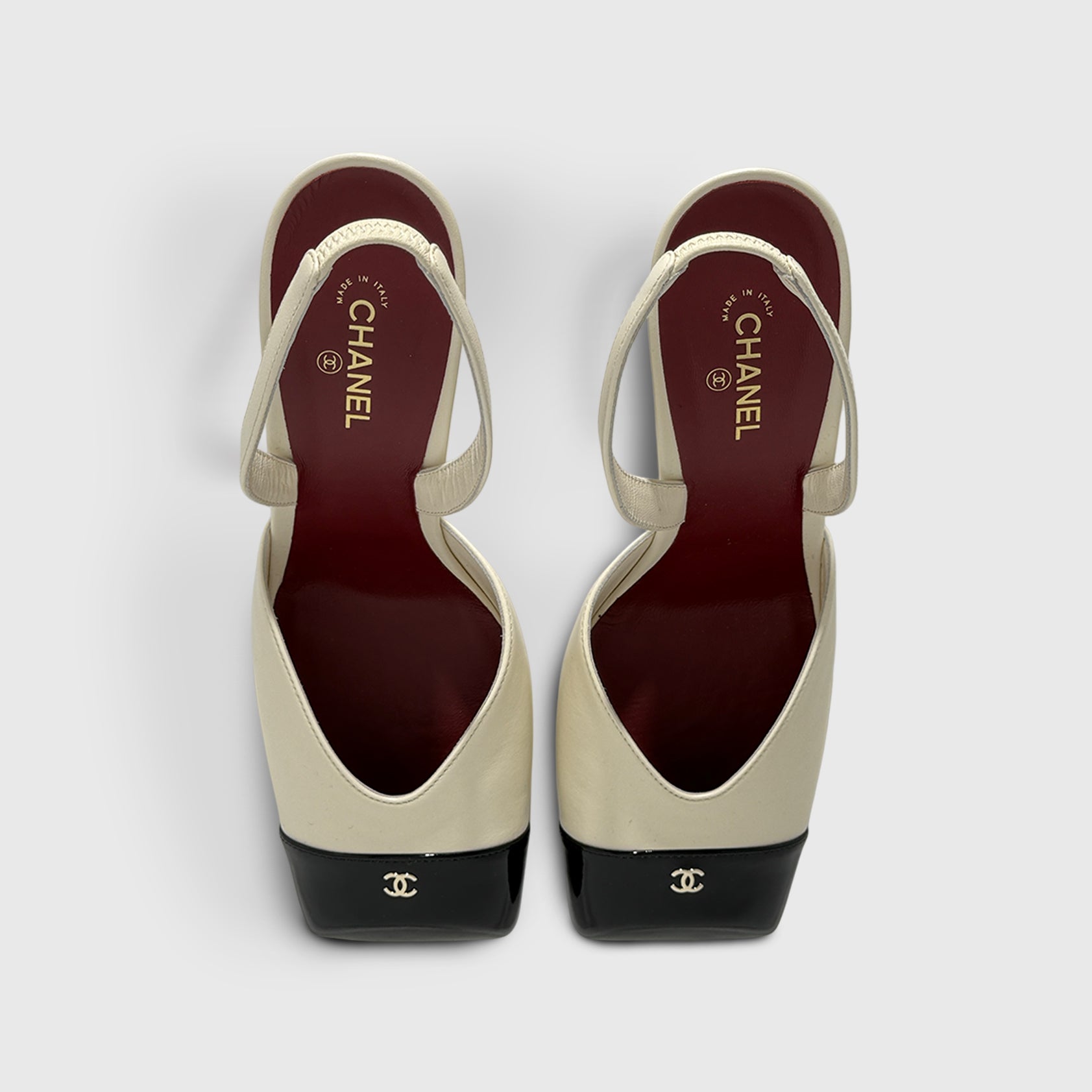 Chanel Square Toe Heeled Slingbacks Lambskin White/black Toe