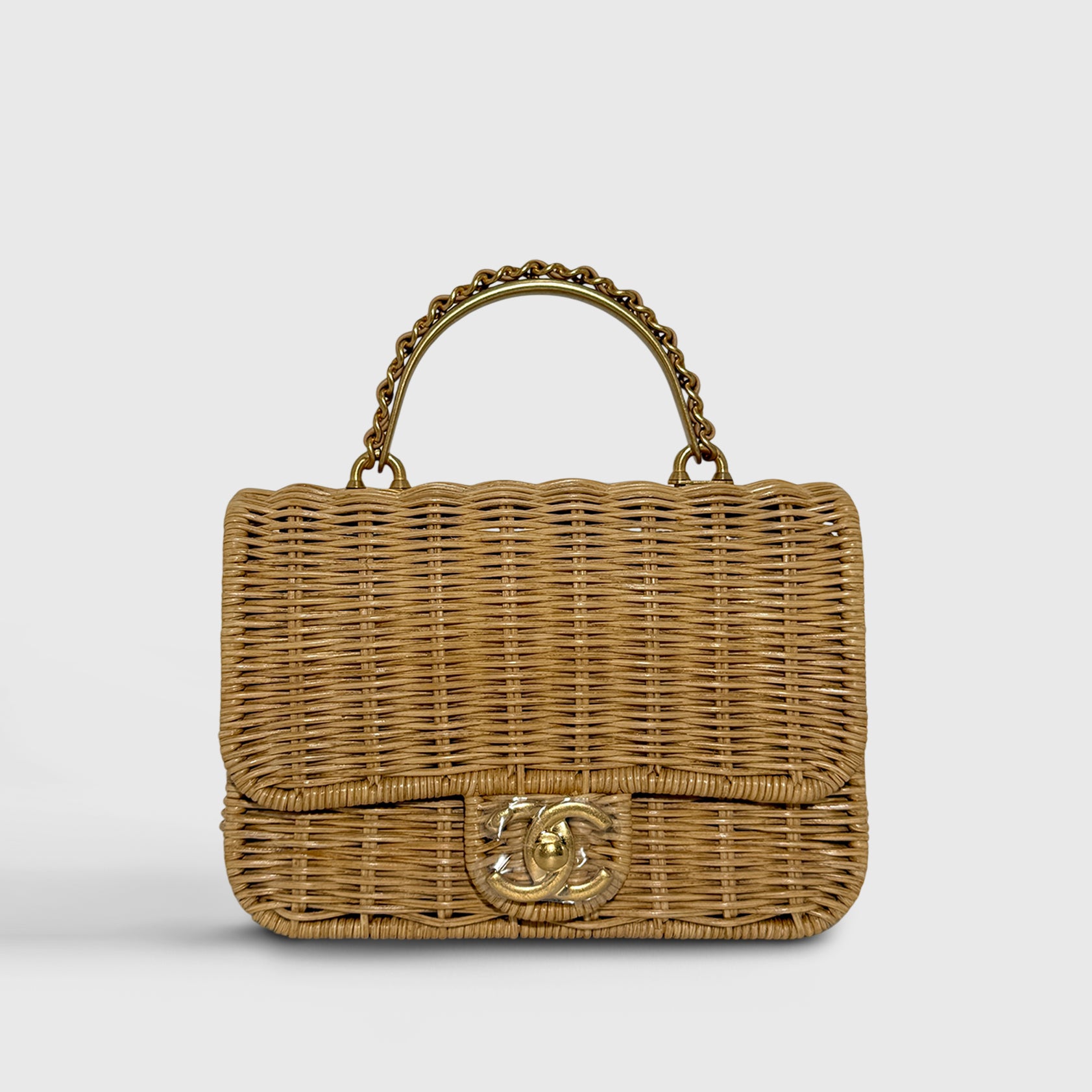 Chanel Braided Rattan Flapbag with Raffia Beige Gold Hardware