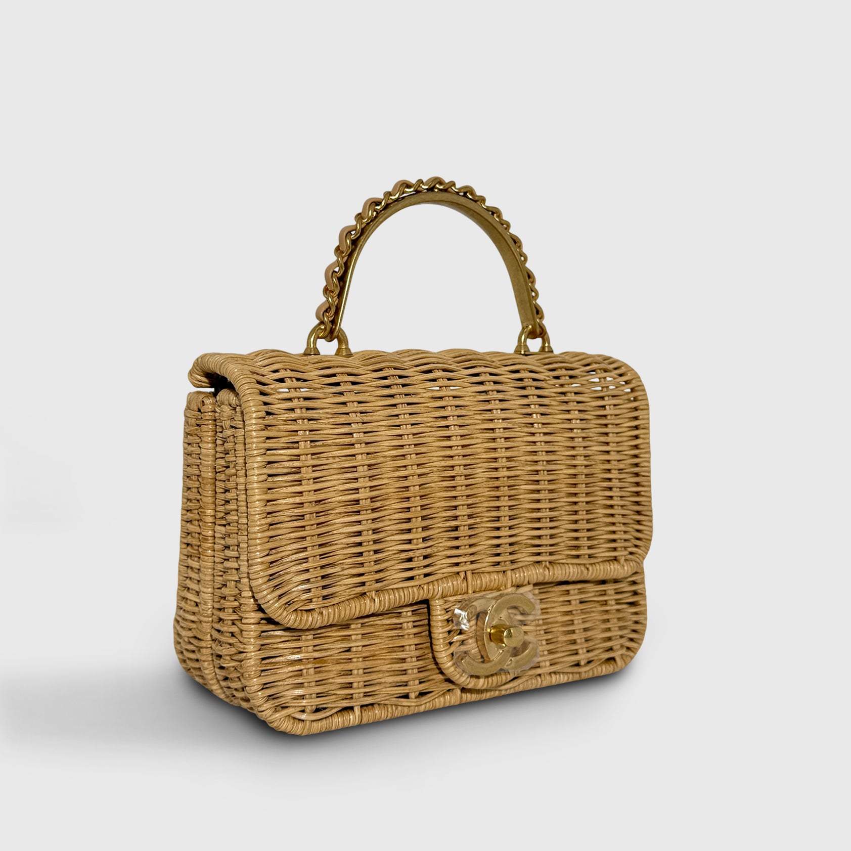 Chanel Braided Rattan Flapbag with Raffia Beige Gold Hardware