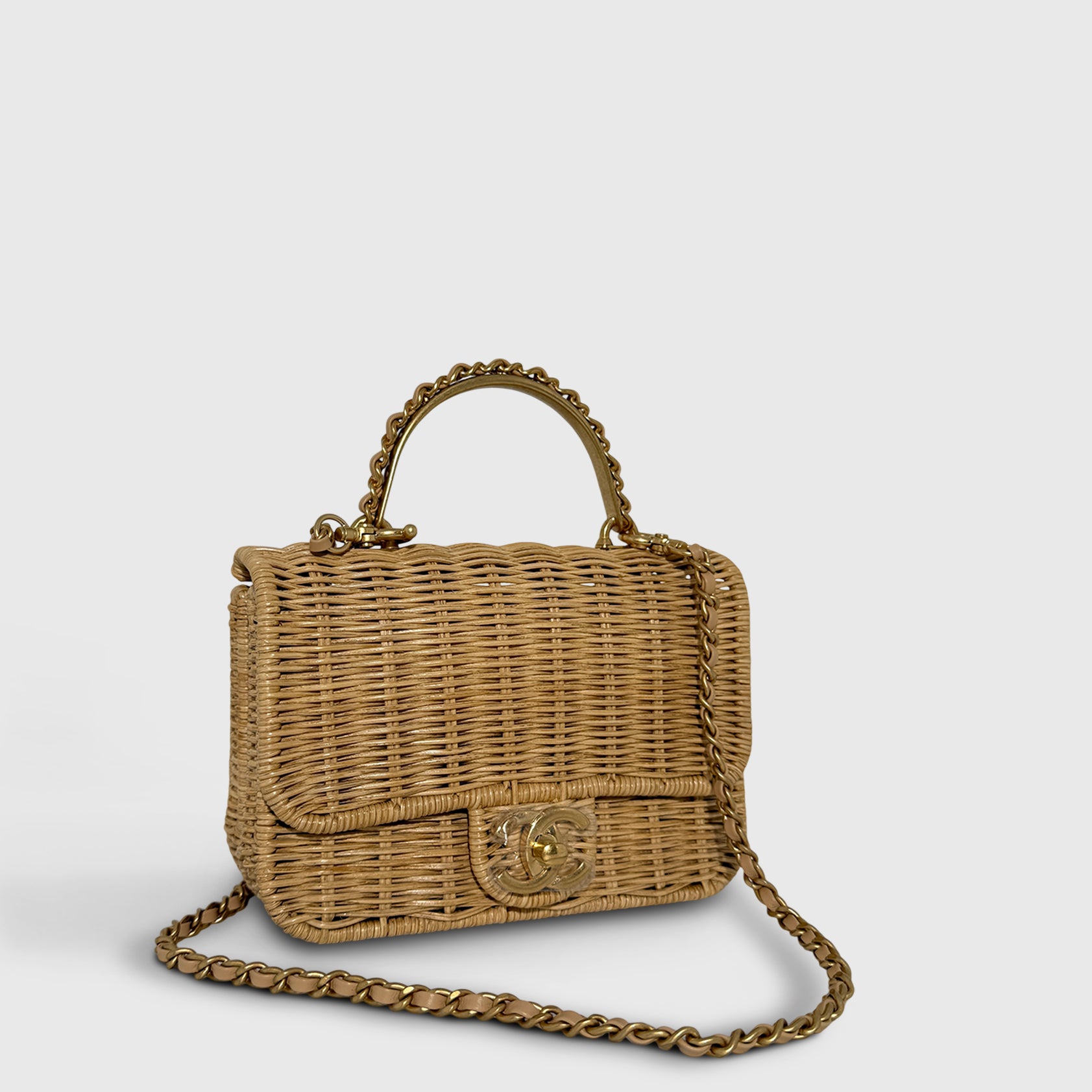 Chanel Braided Rattan Flapbag with Raffia Beige Gold Hardware