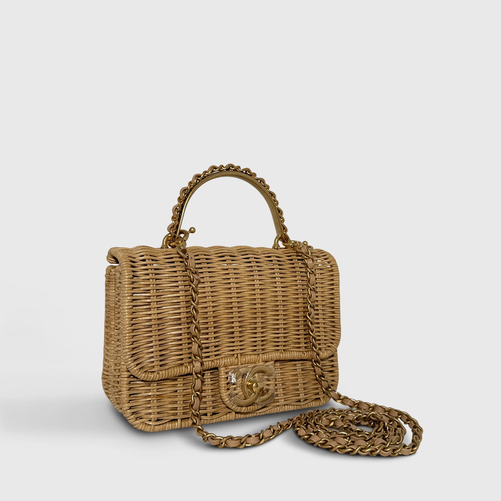 Chanel Braided Rattan Flapbag with Raffia Beige Gold Hardware