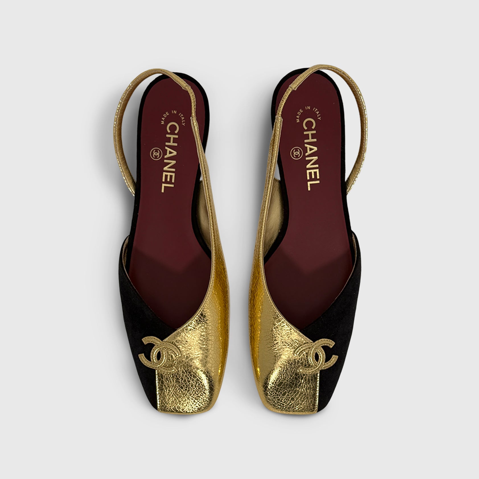 Chanel Slingbacks Flats square toe two tone Suede, Lambskin Black/gold