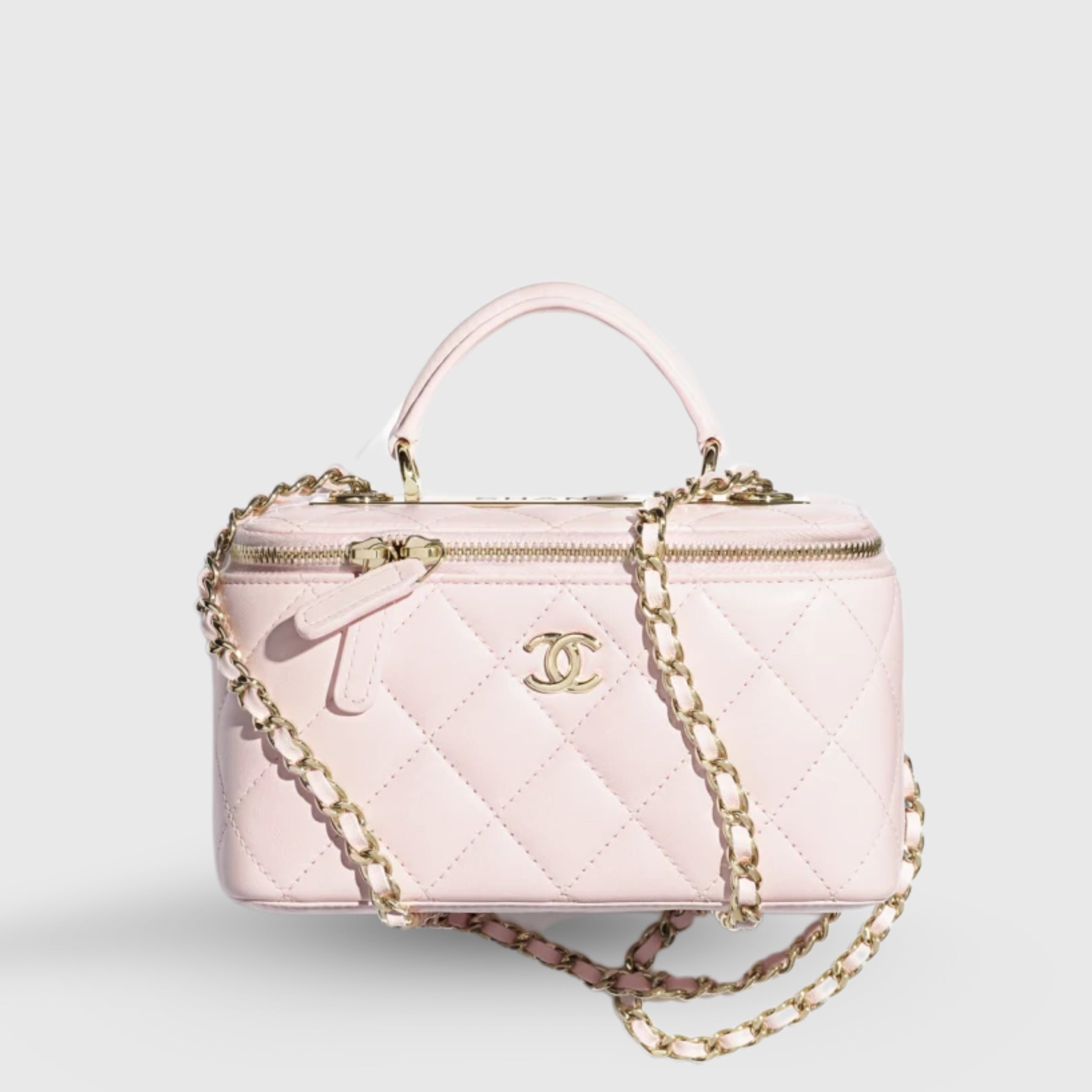Chanel Vanity Case Long Caviar Light Pink Gold Hardware Quilted w/ Chain