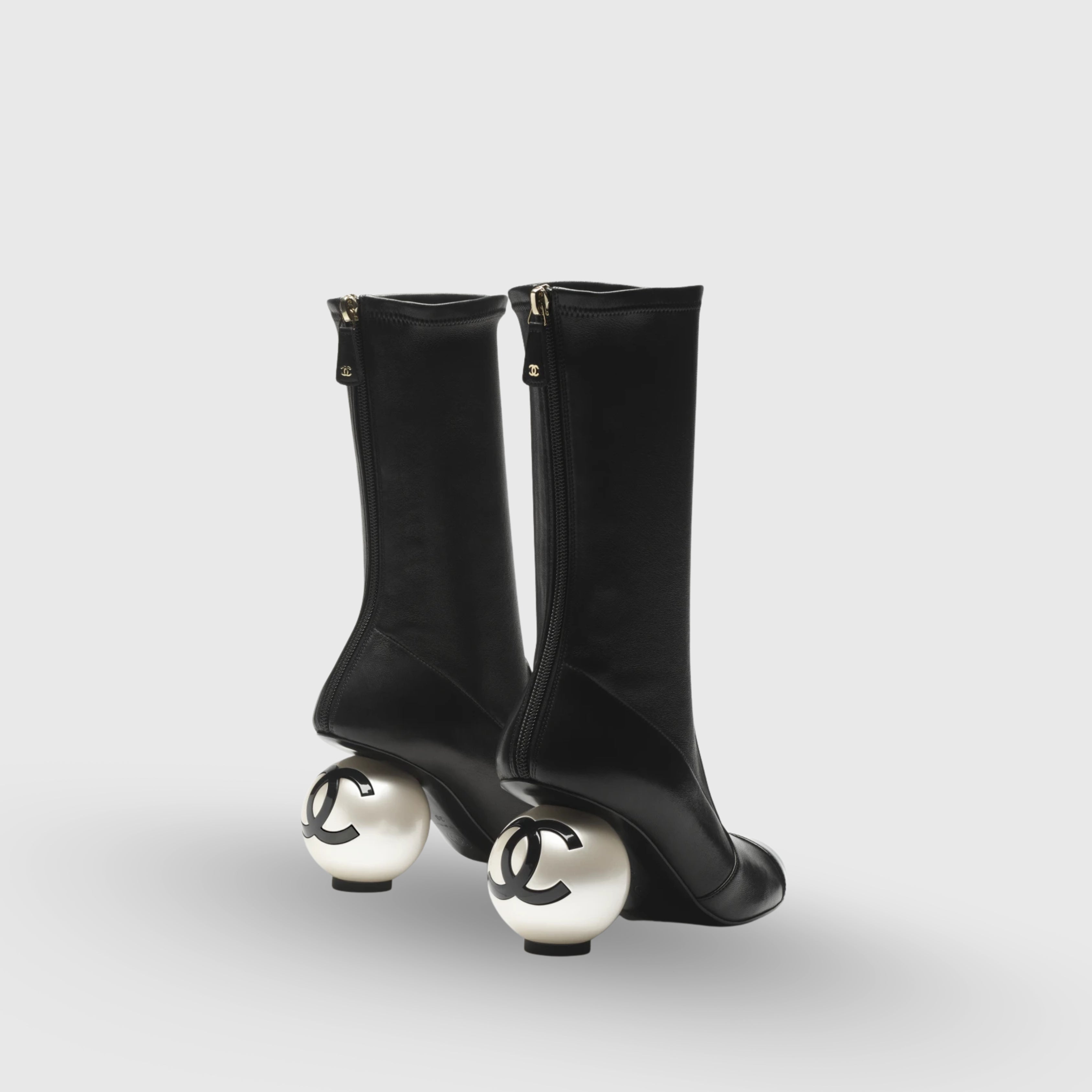 Chanel Pearl-Heel Midi Boots Lambskin, Patent Black