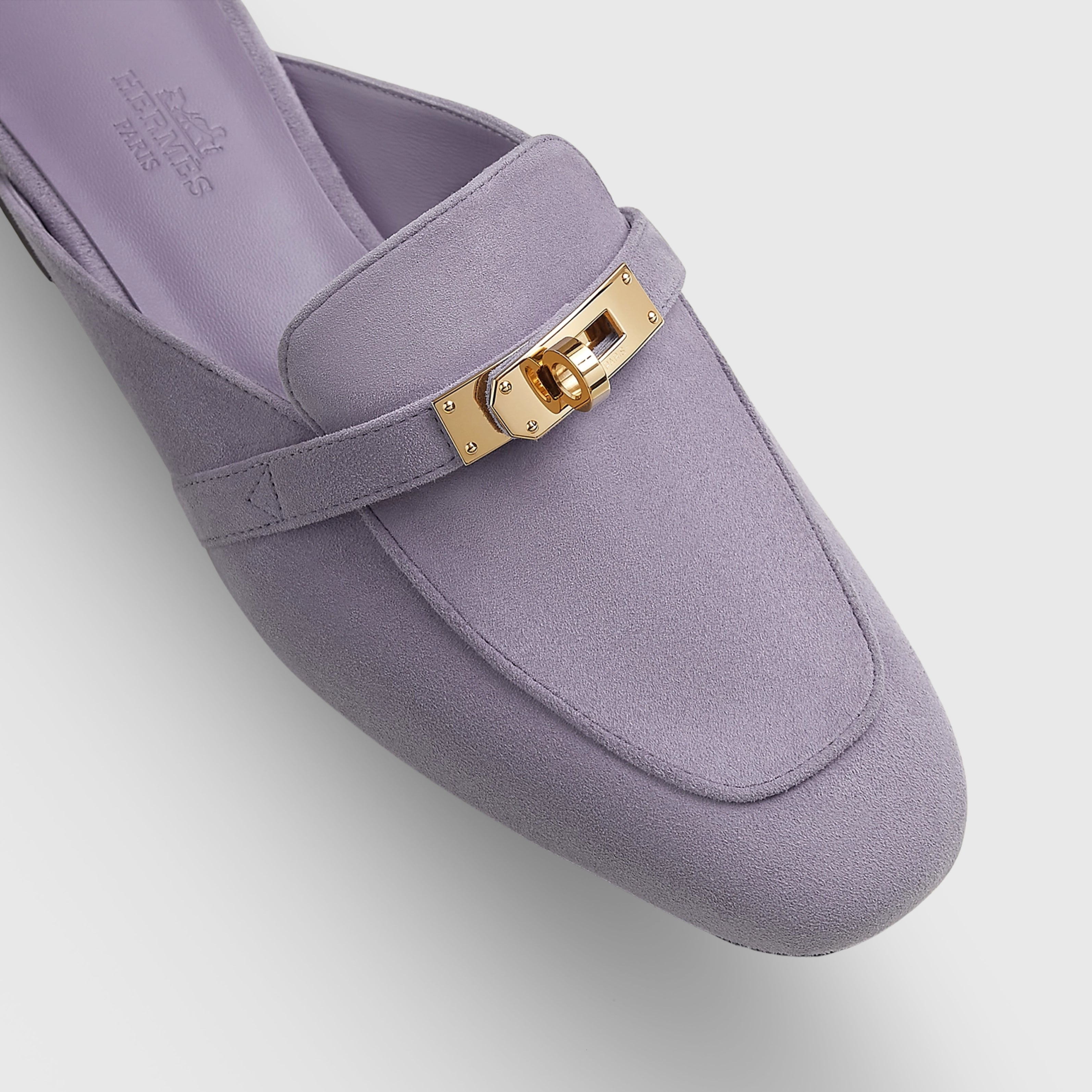 Hermès OZ Mules Suede Violet Glycine Gold Hardware