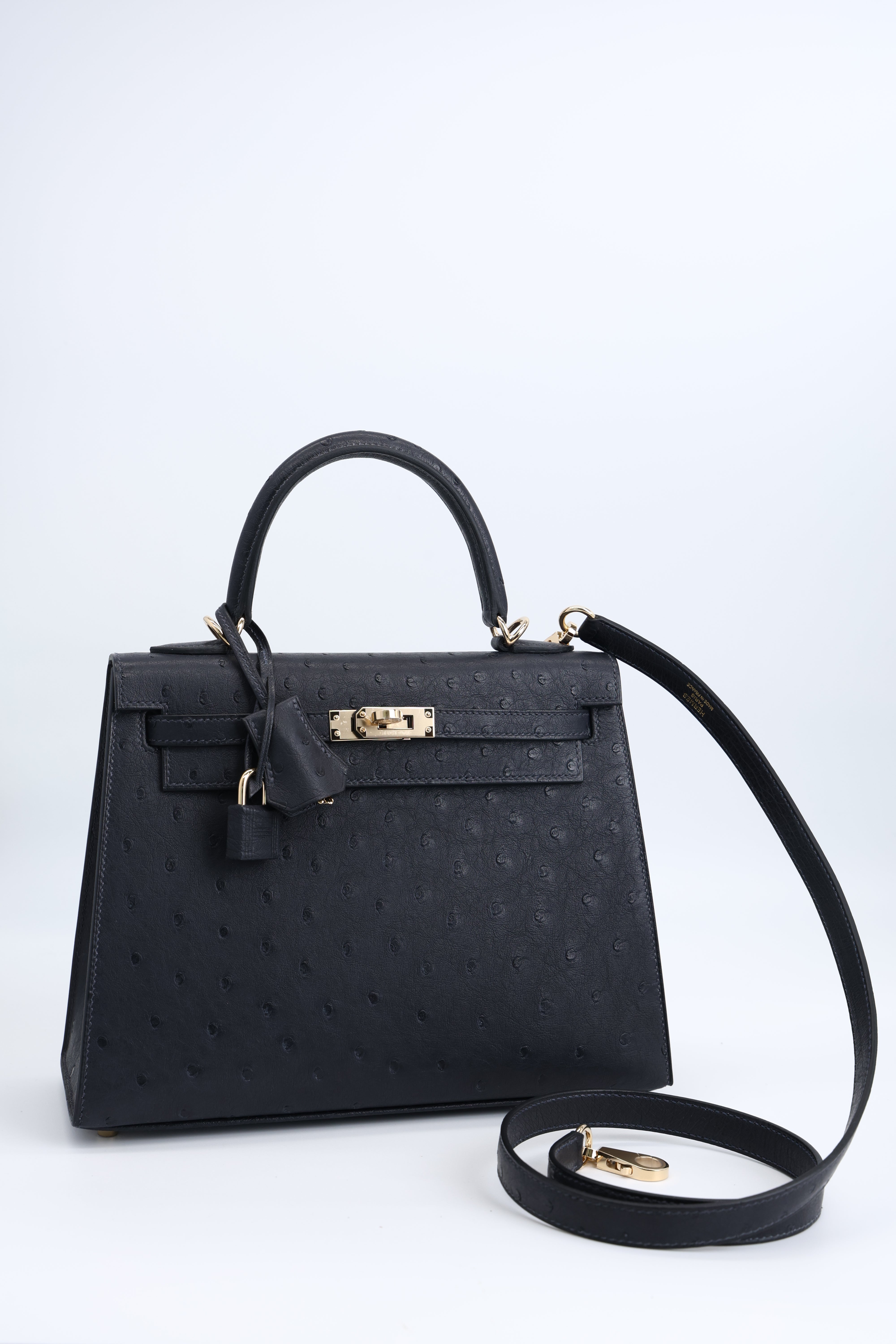 **Hermès Kelly 25 Ostrich Caban Permabrass Hardware