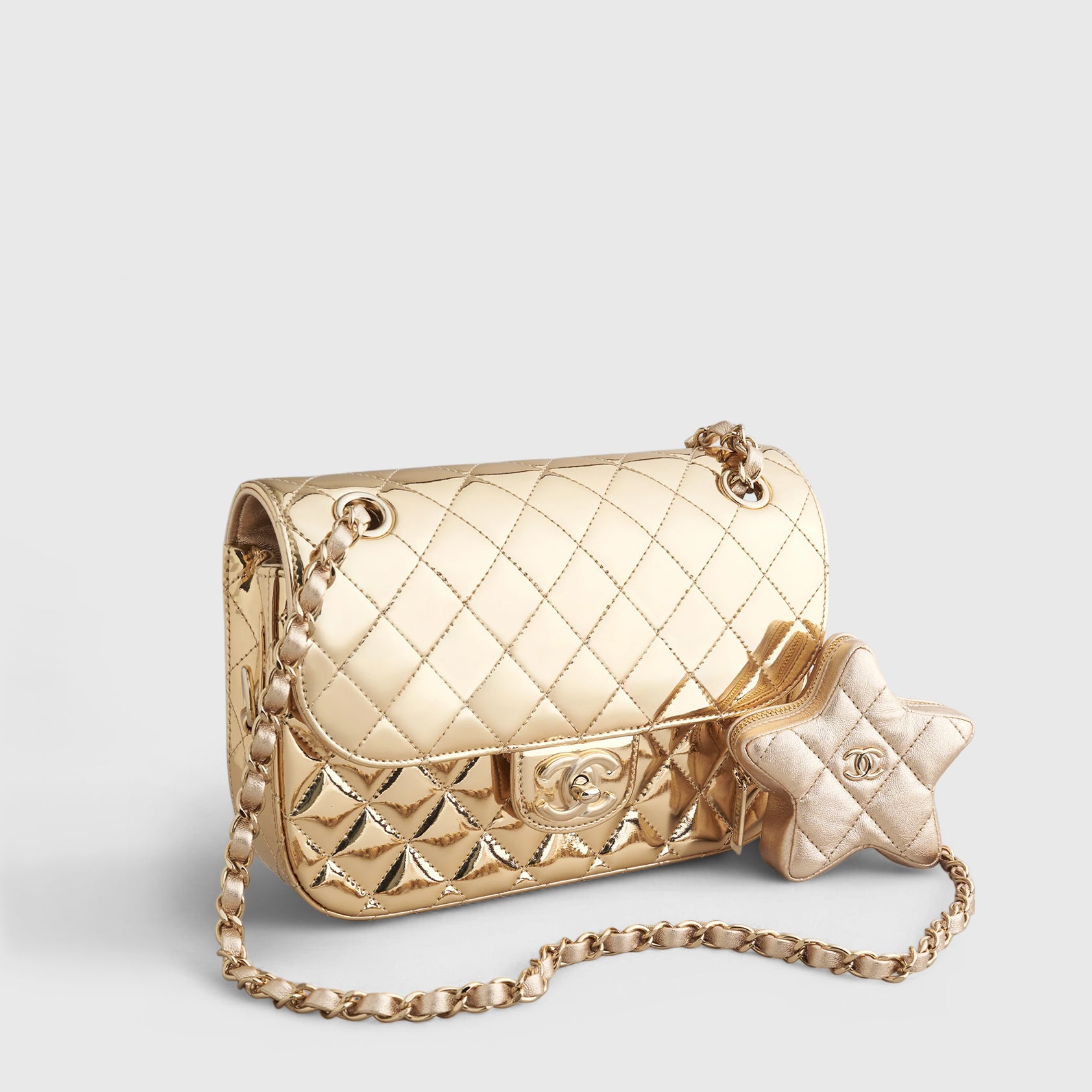Chanel Quilted Flapbag Star Coin Small 7 Calfskin Metallic Gold w/ Chain Gold Hardware - eliteUSA 