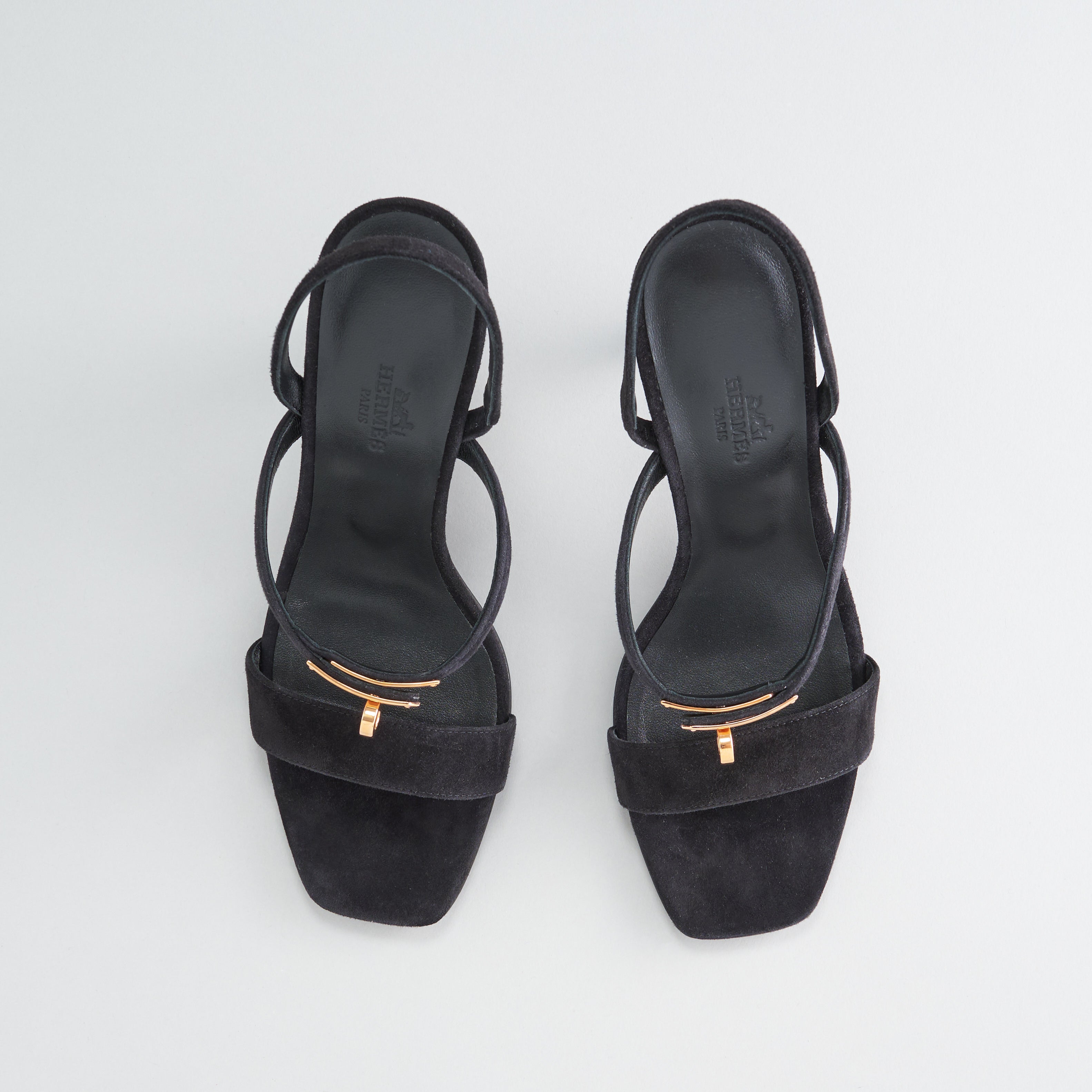 Hermès Glamour 95 Sandal Suede Black Rose Gold Hardware - eliteUSA 