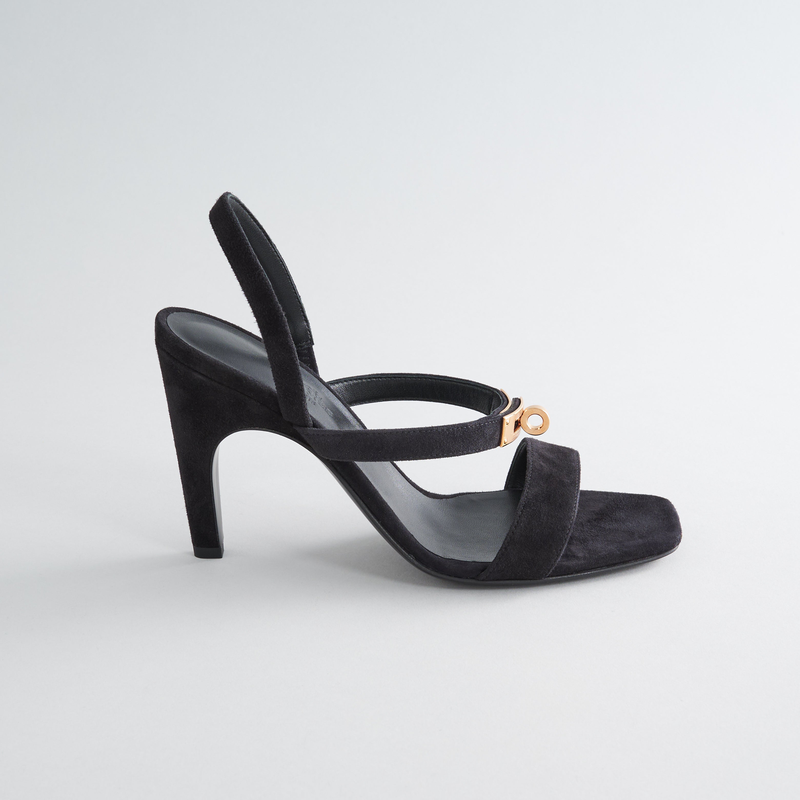 Hermès Glamour 95 Sandal Suede Black Rose Gold Hardware - eliteUSA 