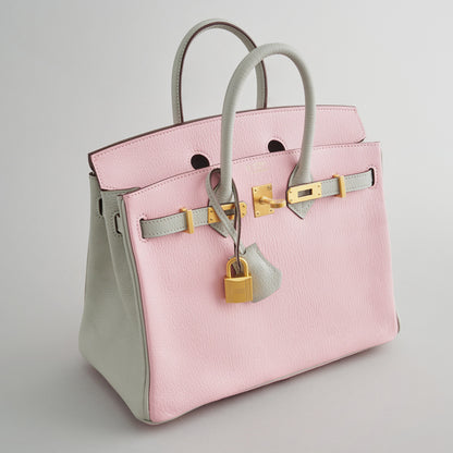 Hermès Birkin 25 Chevre Rose Sakura / Gris Perle Brushed Gold HSS