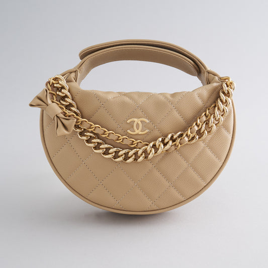 Chanel Quilted Circle Pouch Bag Beige Gold Hardware w/ Chain