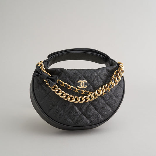 Chanel Quilted Circle Pouch Bag Black w/ Chain Gold Hardware
