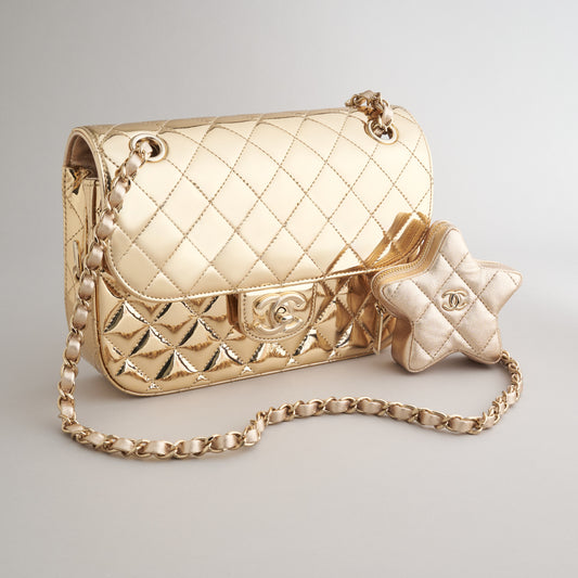 Chanel Quilted Flapbag Star Coin Small 7 Calfskin Metallic Gold w/ Chain Gold Hardware