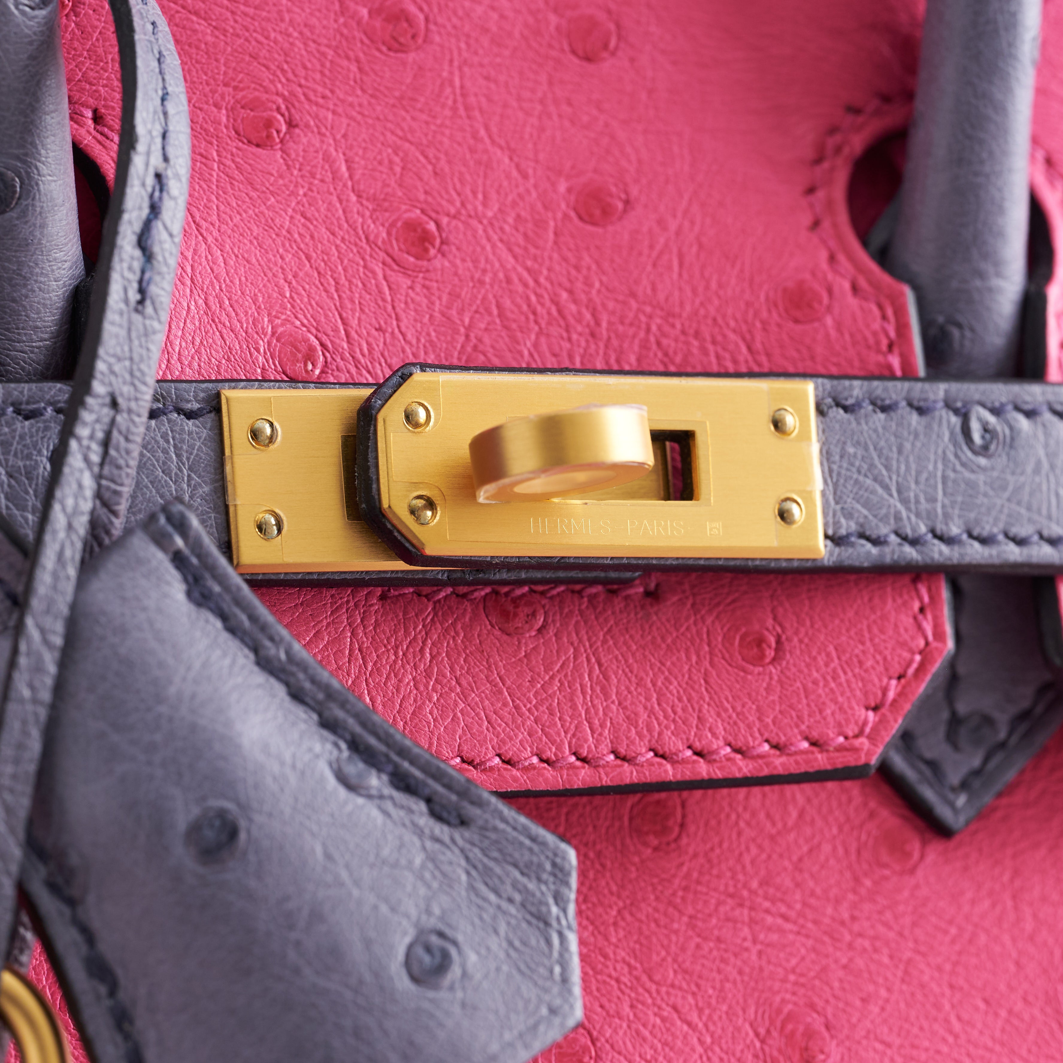 Hermès Birkin 25 Ostrich Rose Tyrien/Blue Glacier Gold Hardware HSS