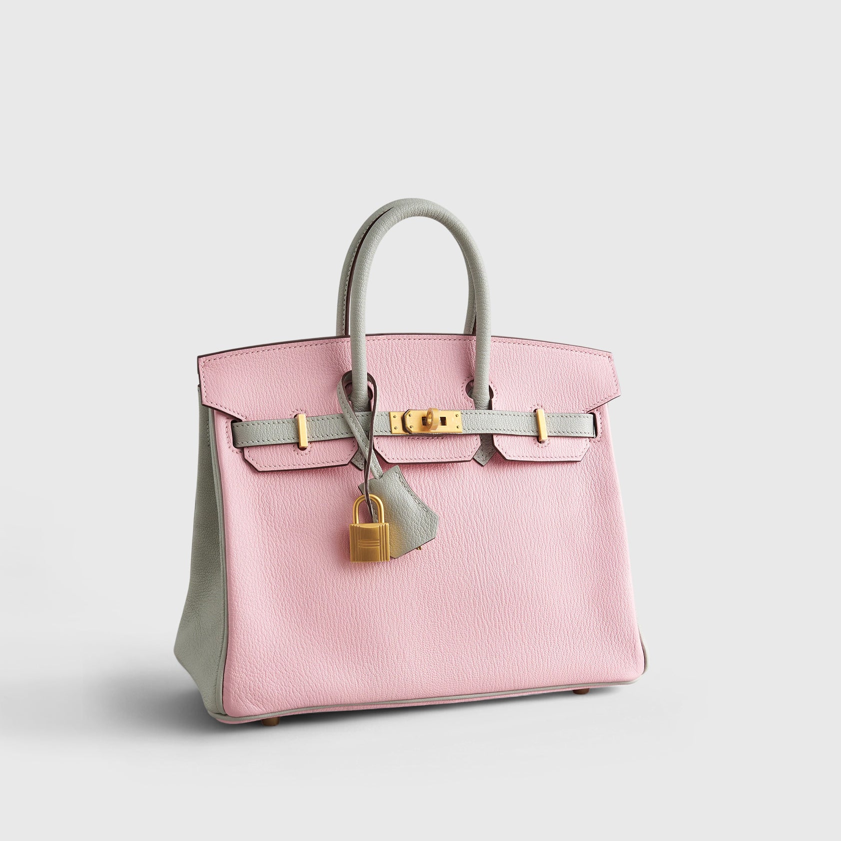 Hermès Birkin 25 Chevre Rose Sakura / Gris Perle Brushed Gold Hardware HSS - eliteUSA 