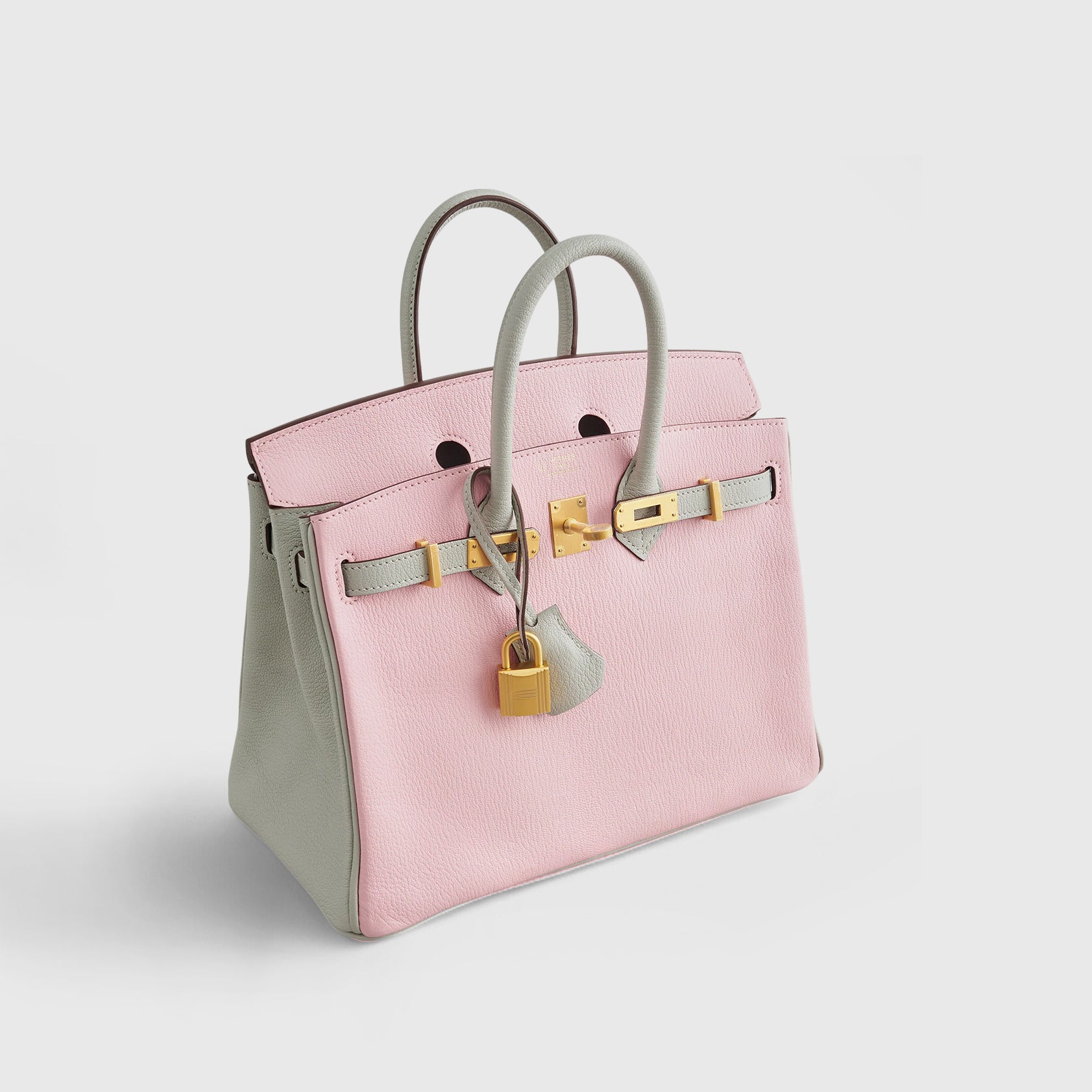 Hermès Birkin 25 Chevre Rose Sakura / Gris Perle Brushed Gold Hardware HSS - eliteUSA 