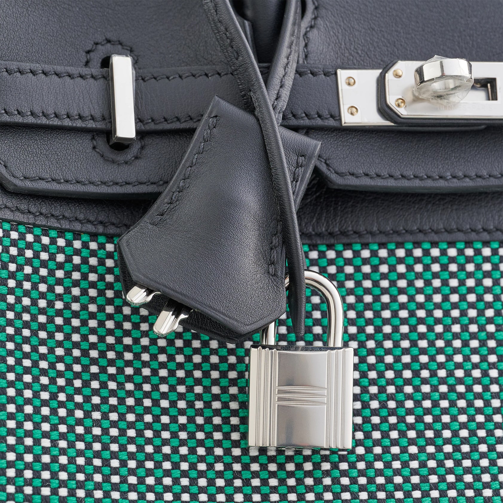 Hermès Birkin 25 Swift, Toila Black/White/Menthe Quadrille Palladium Hardware - eliteUSA 